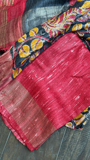 Soft Gicha Silk Printed - Black Red Yellow Kalamkari