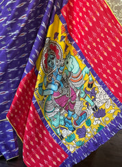 Designer Pure Cotton Ikat Krishna - Purple Yellow Red