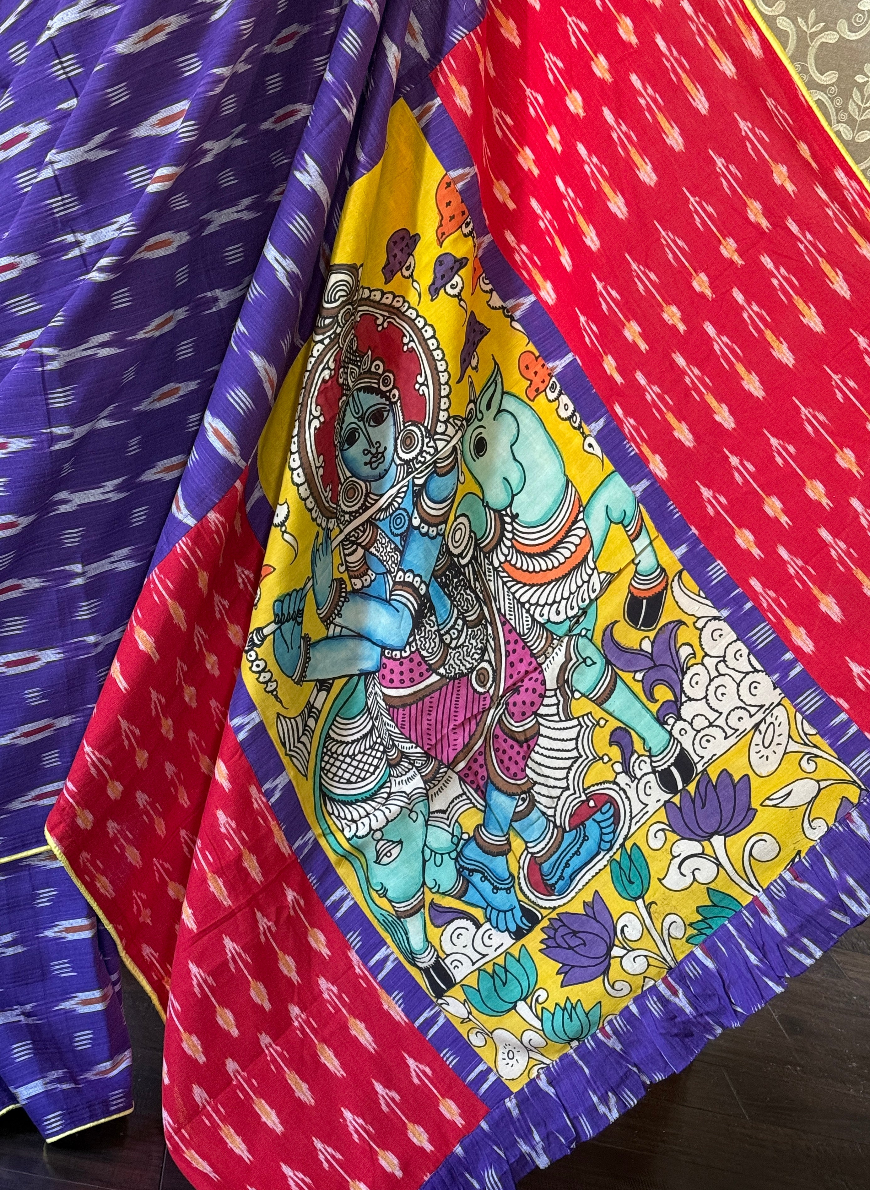 Designer Pure Cotton Ikat Krishna - Purple Yellow Red