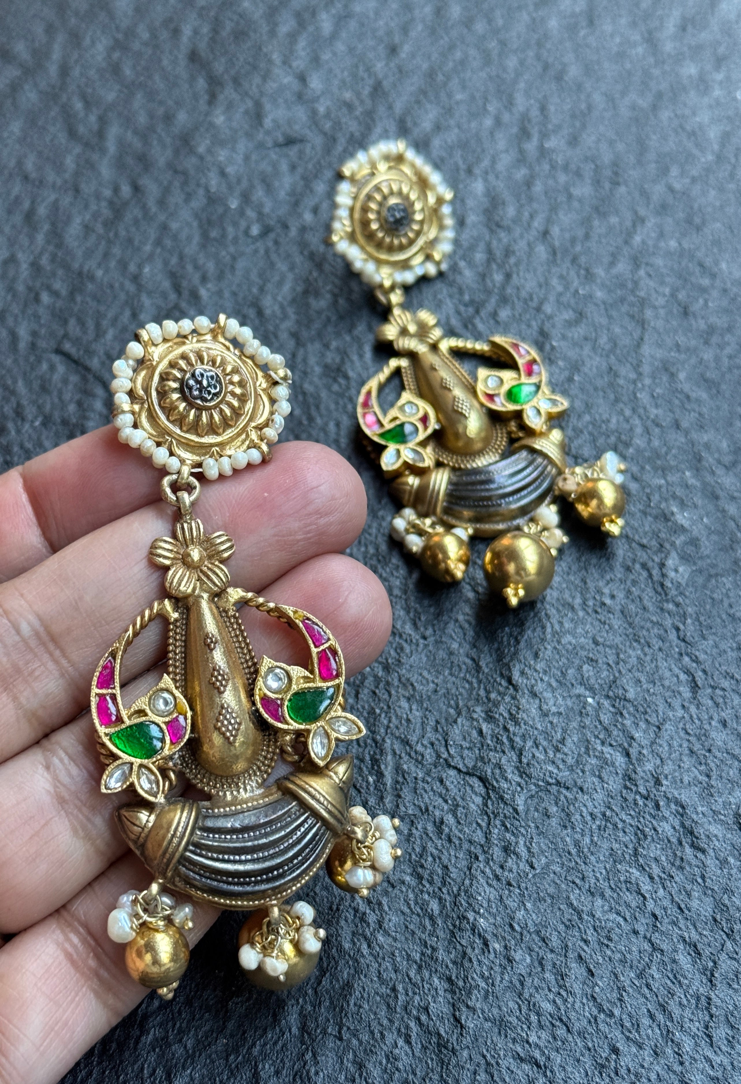 Earring 925 Silver- Statement Gold tone Dangler