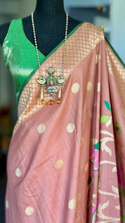 Khaddi Tussar Banarasi -  Gajri Pink Green Paithani