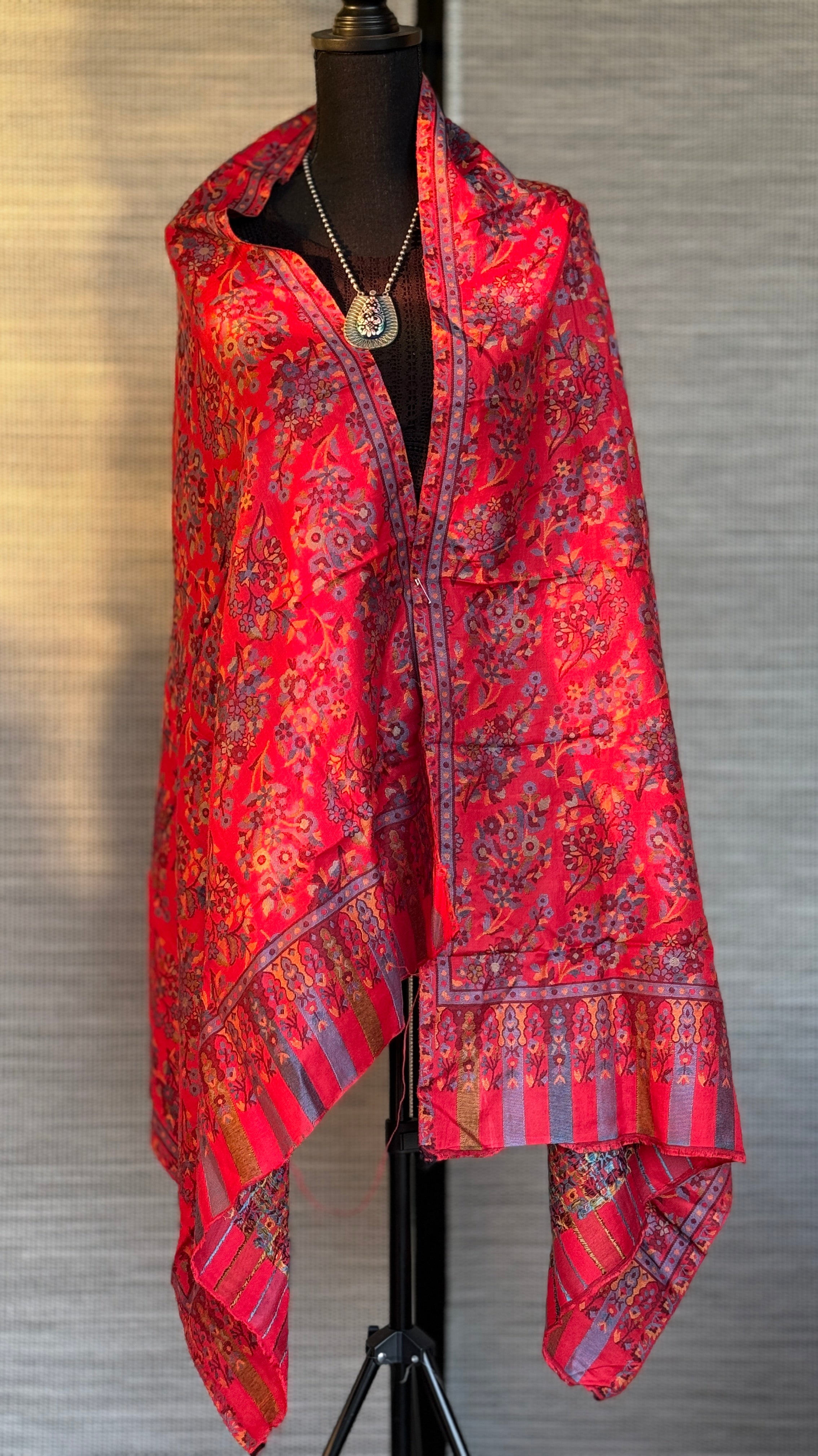 Kashmiri Semi Pashmina Stole - Red Multi 2 Resham Woven
