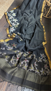 Linen Jamdaani - Black Zari Checkered