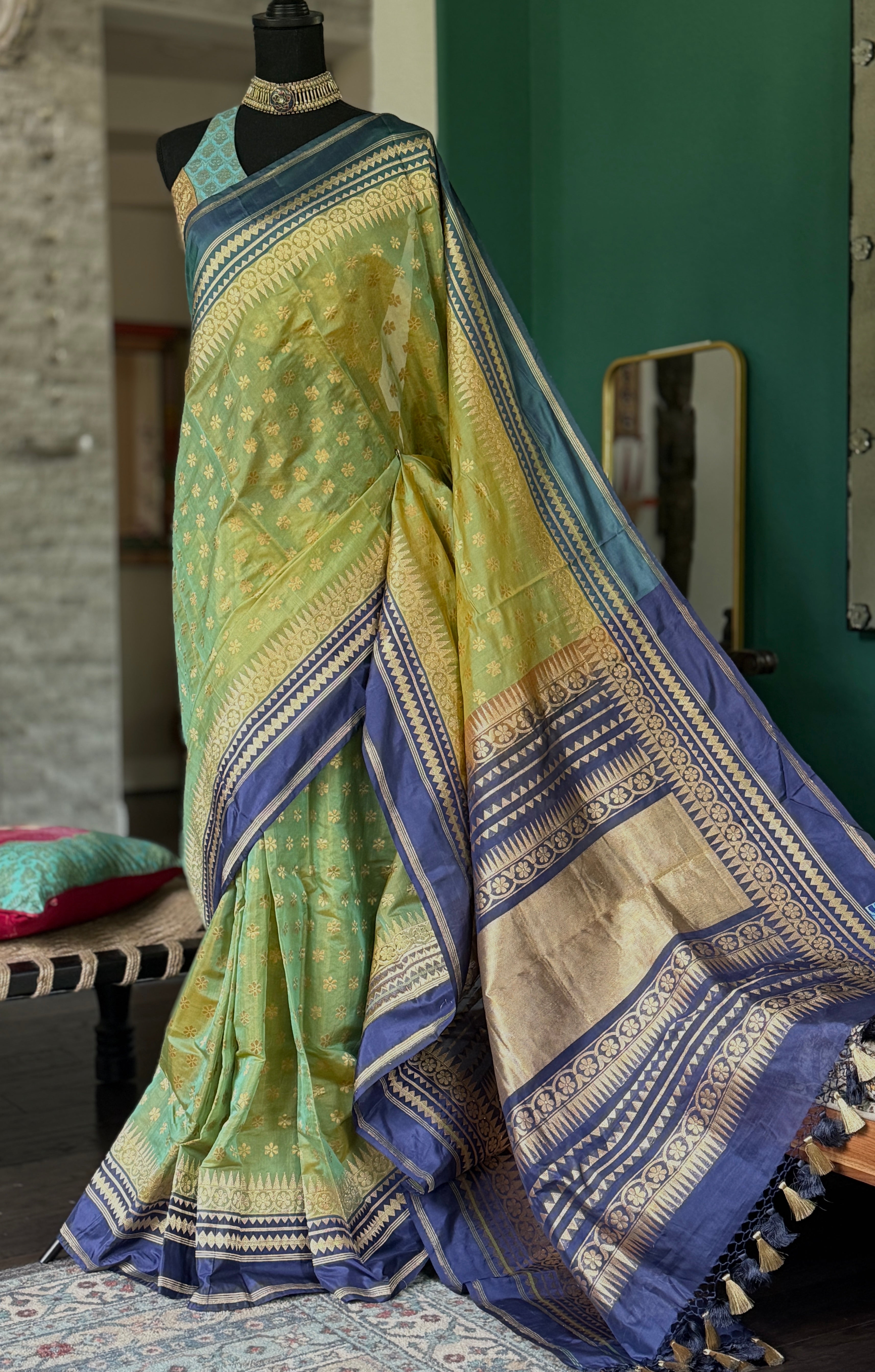Organza Katan Silk Banarasi -  Pista Green Blue Kadwa