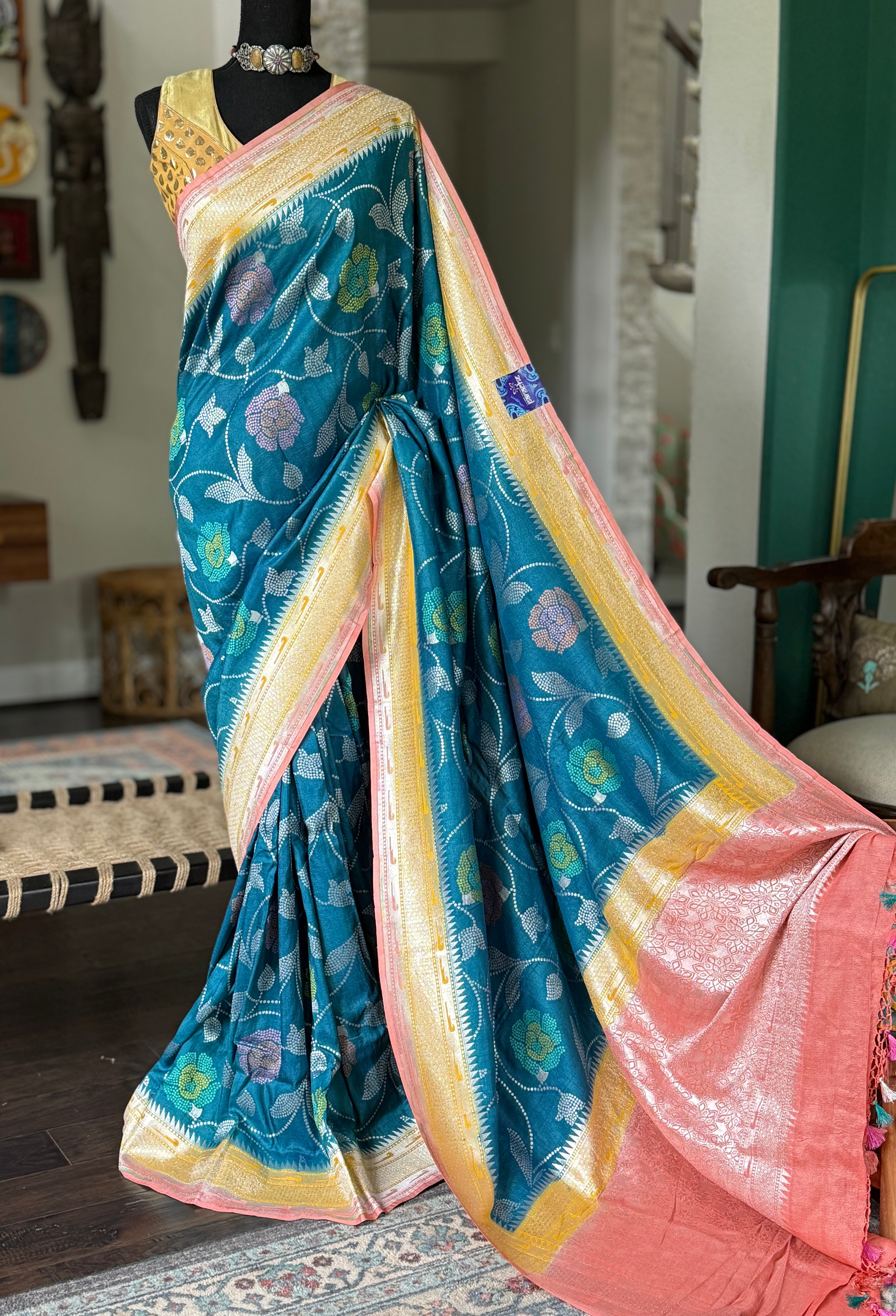 Khaddi Tussar Paithani Banarasi -  Teal Blue Multi Meenakari