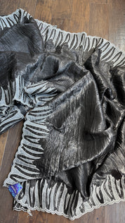 Designer Crushed Tissue Silk - Slate Black Appliqué Embroidered