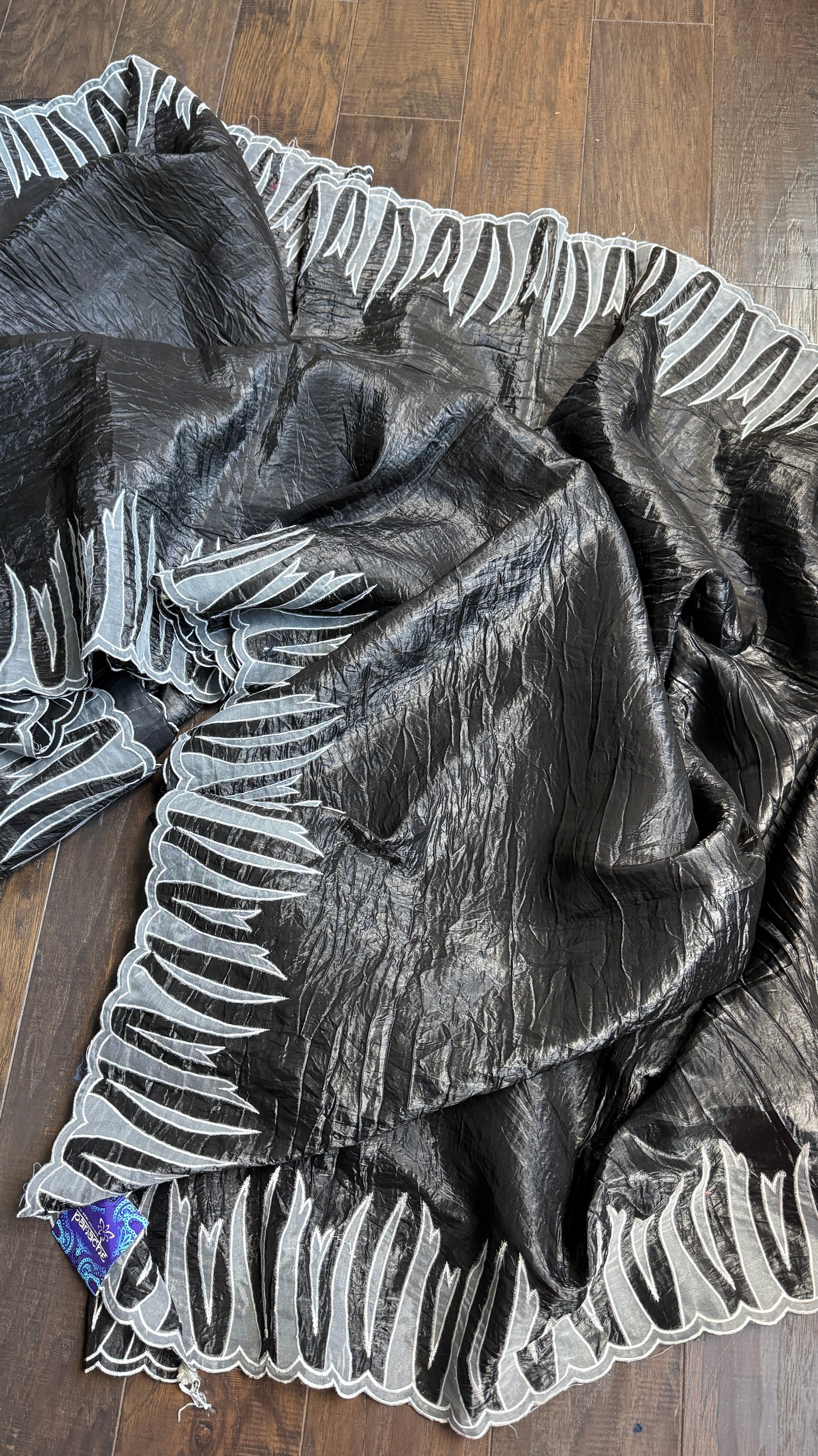 Designer Crushed Tissue Silk - Slate Black Appliqué Embroidered