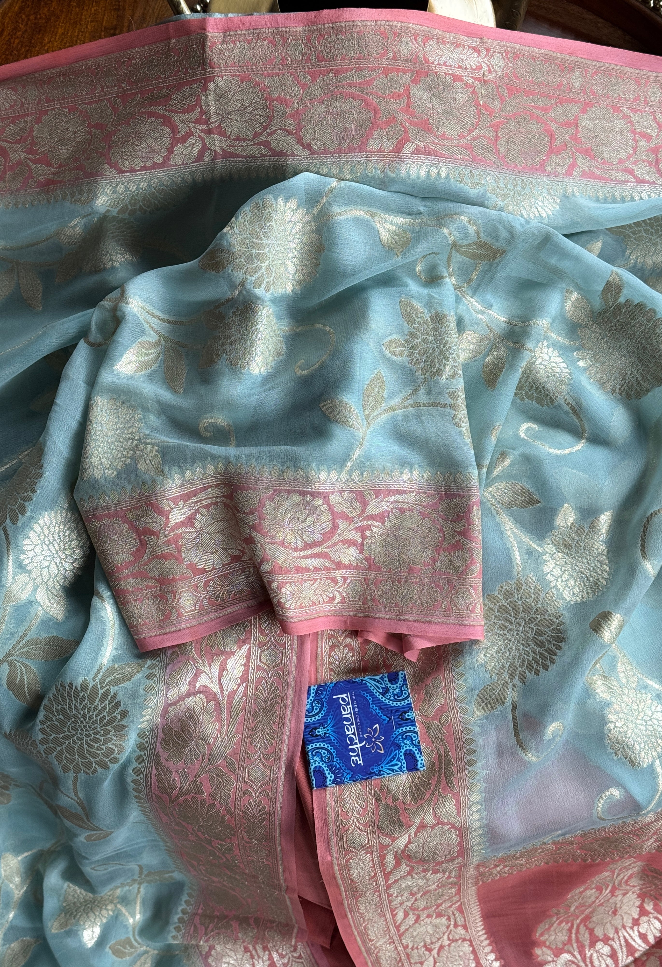 Khaddi Georgette Banarasi - Light Blue Peach