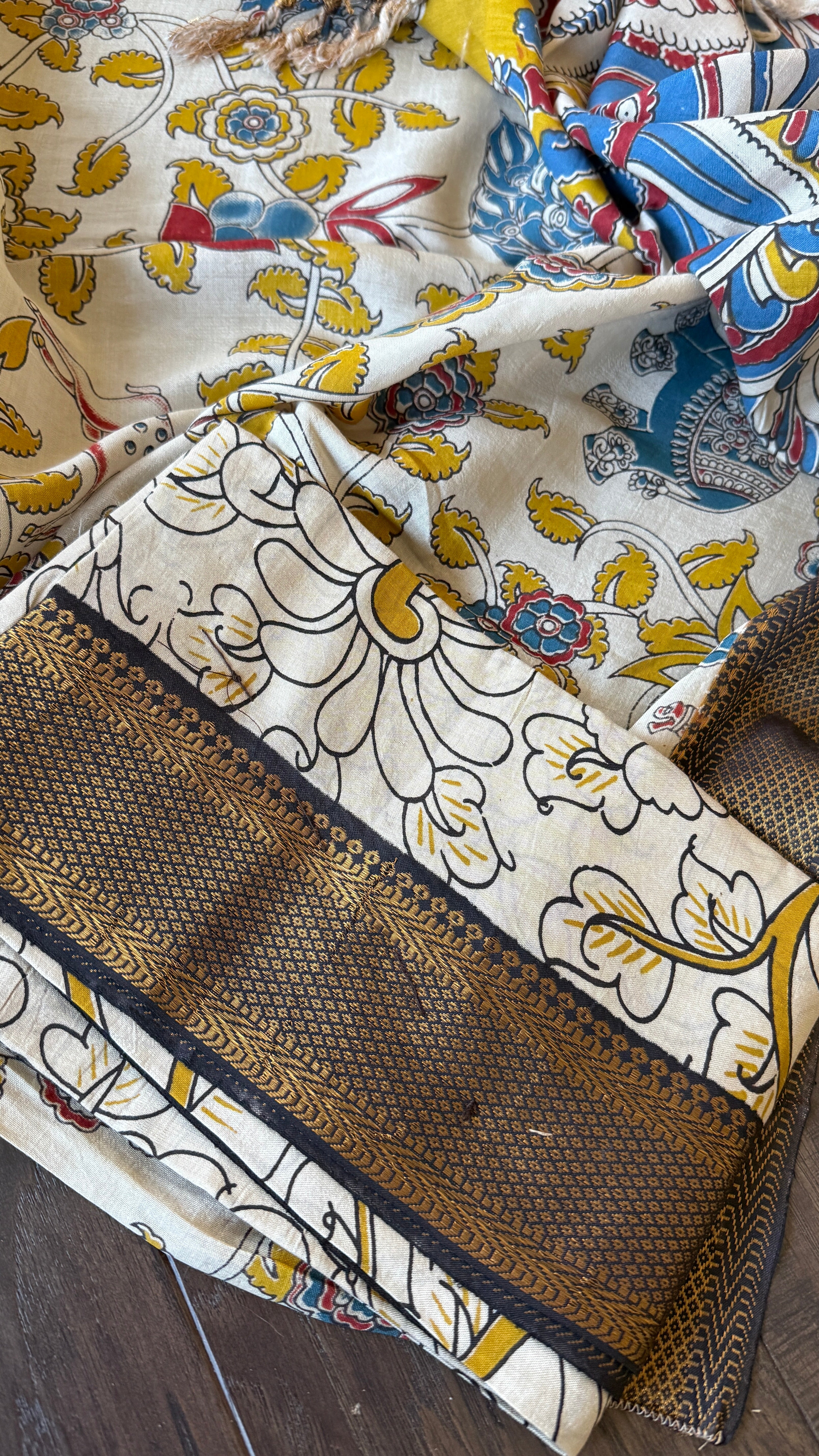 Chinori Silk Kalamkari  - Dusty White Yellow Kalamkari