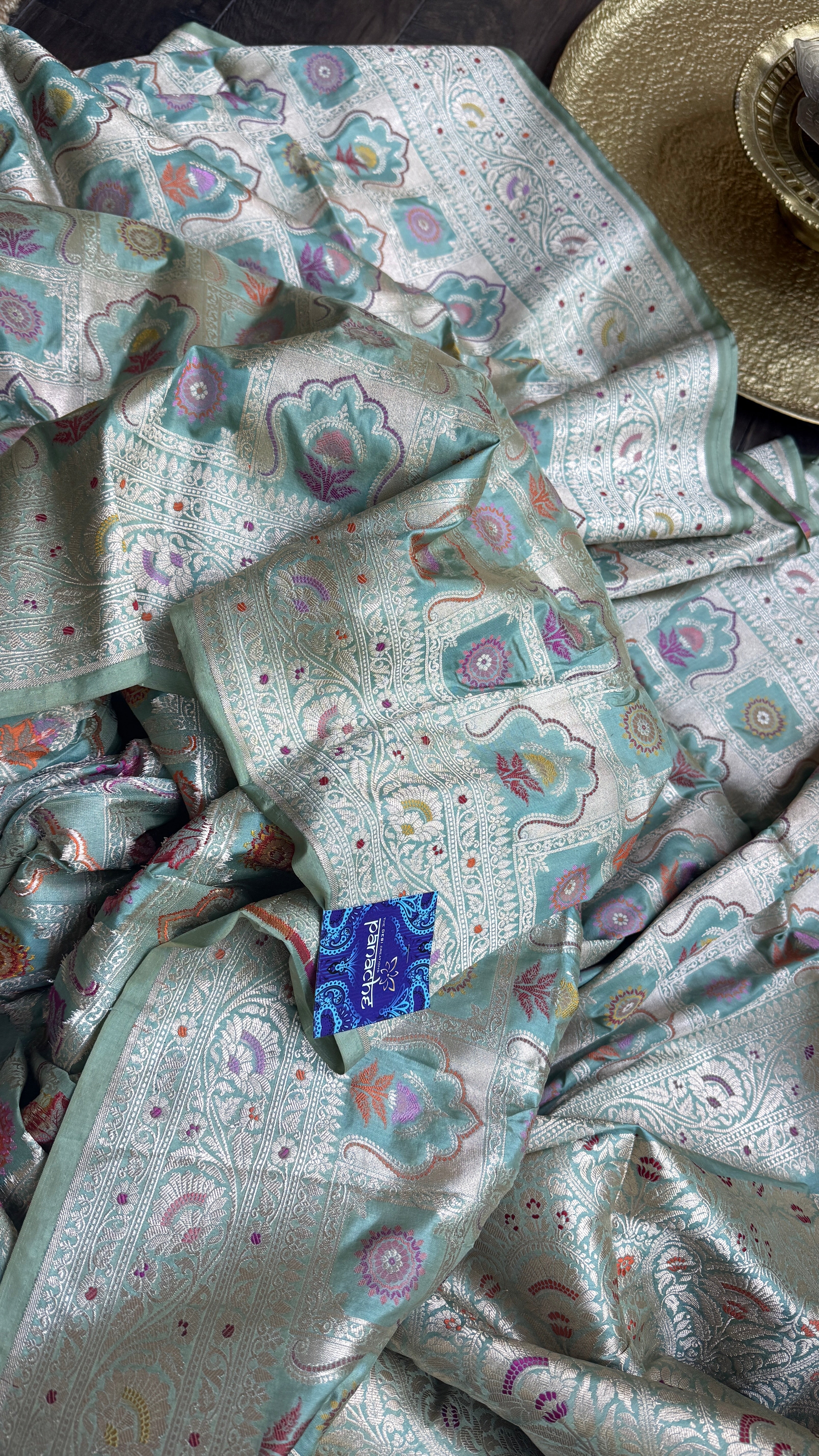 Pure Katan Silk Banarasi - Aqua Blue Multi Meenakari