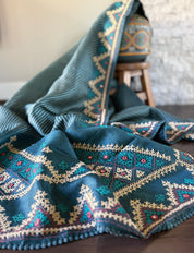 Pure Tussar Silk Gujrati Stitch -  Teal Blue Hand Embroidered