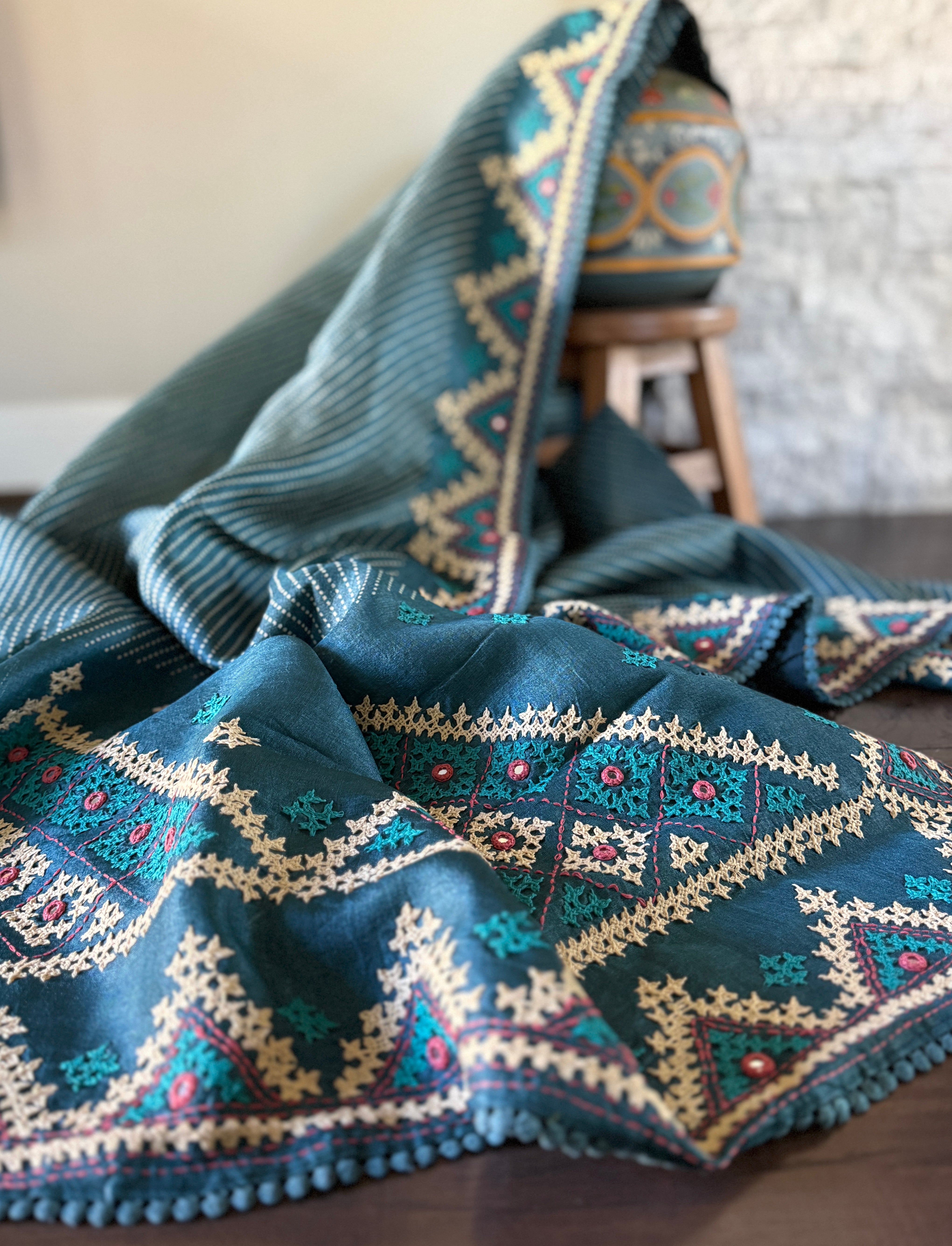 Pure Tussar Silk Gujrati Stitch -  Teal Blue Hand Embroidered