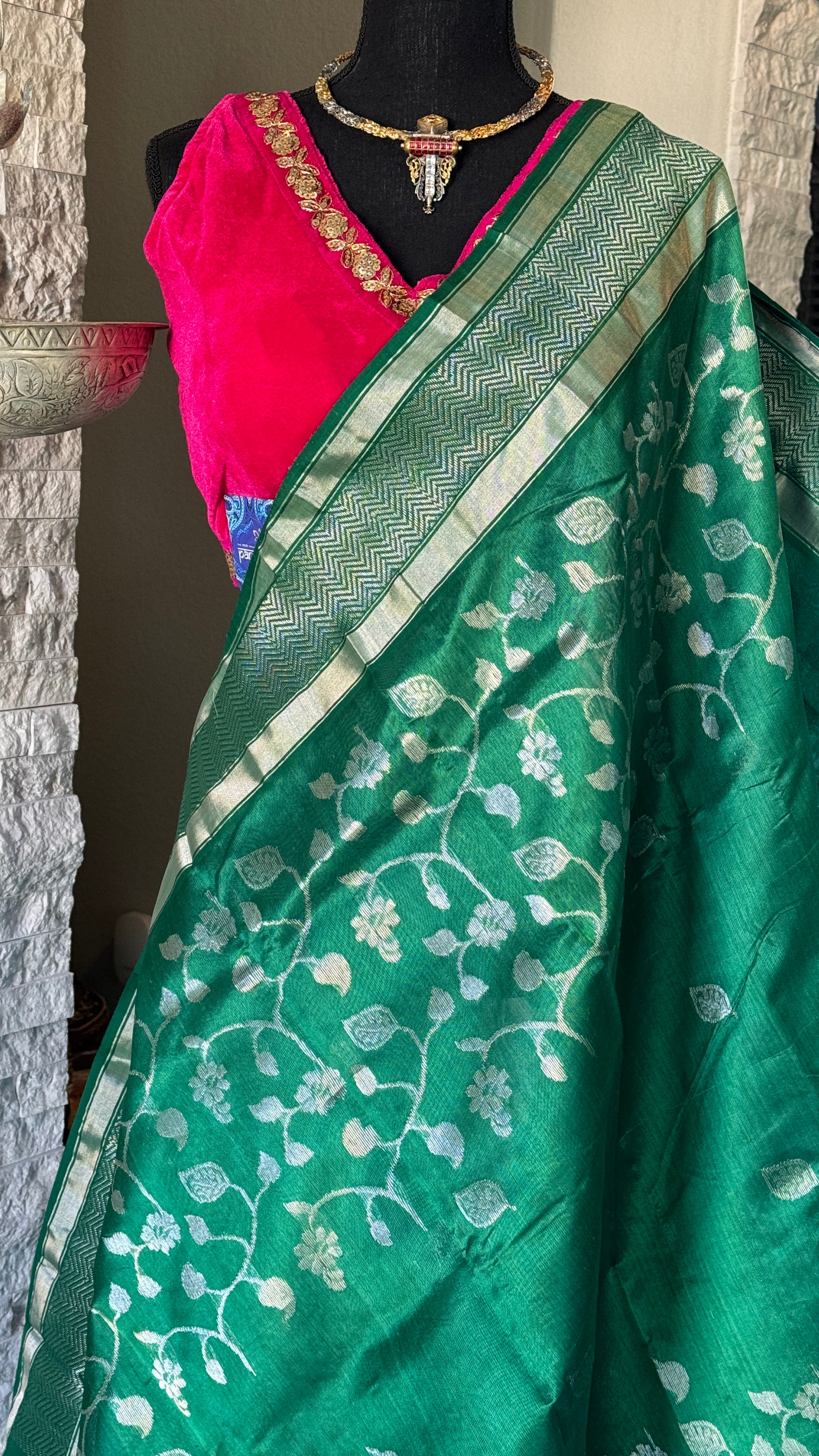 Pure Chanderi Silk - Green Silver Zari