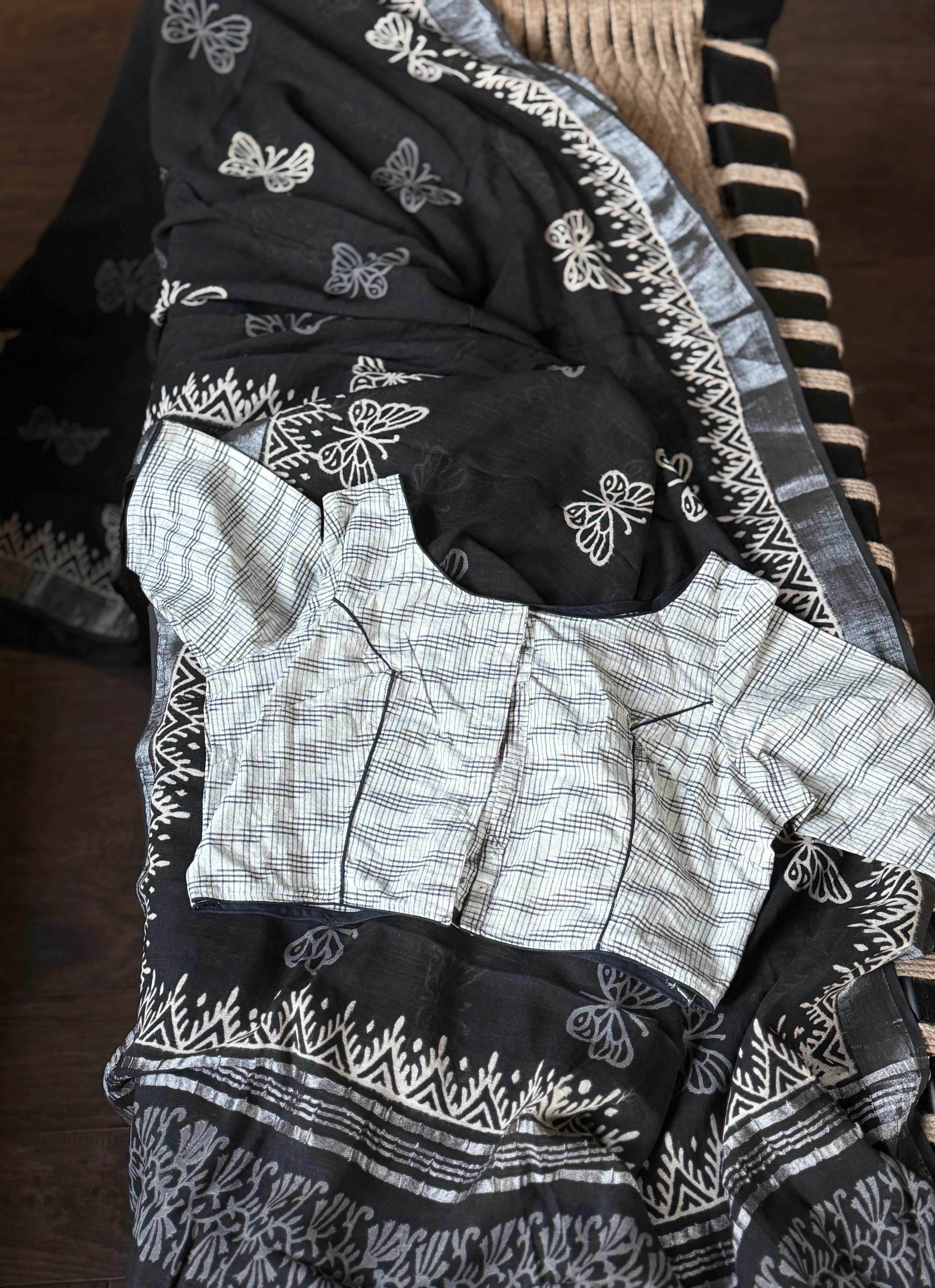 Designer Blouse - Beige Black Ikat