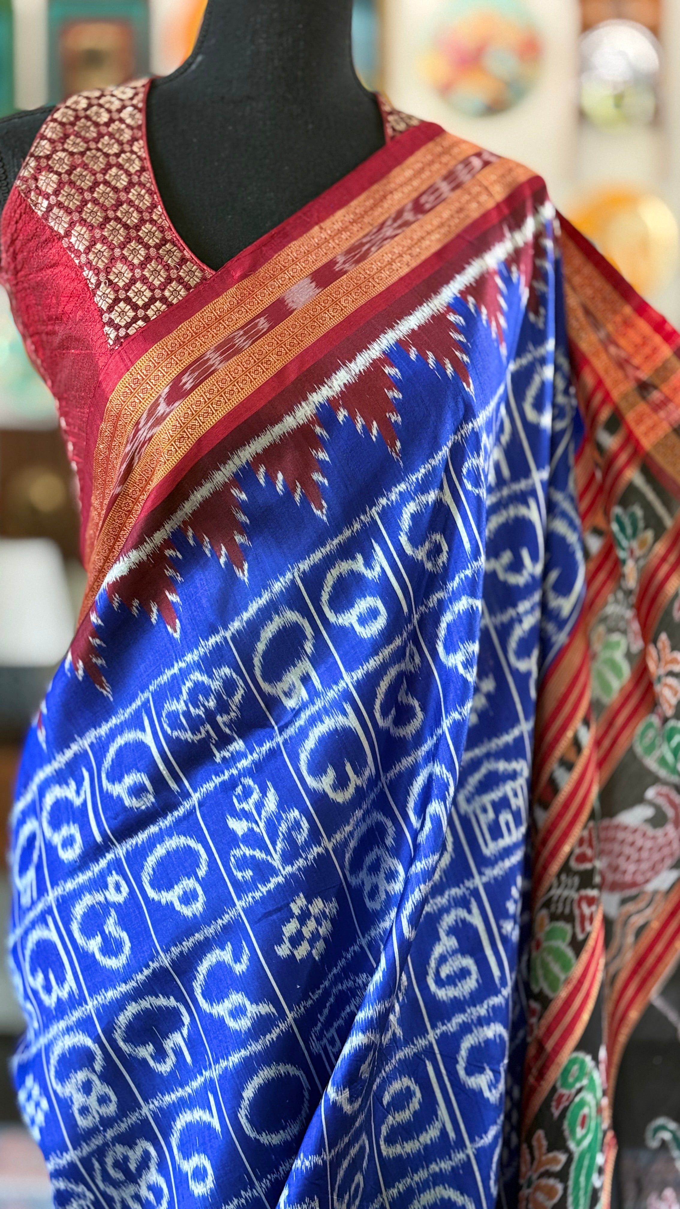 Pure Silk Sambalpuri Double ikat  - Royal Blue Maroon