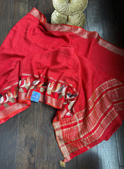 Designer Cotton Silk Banaras Chanderi - Red Bird Embroidered