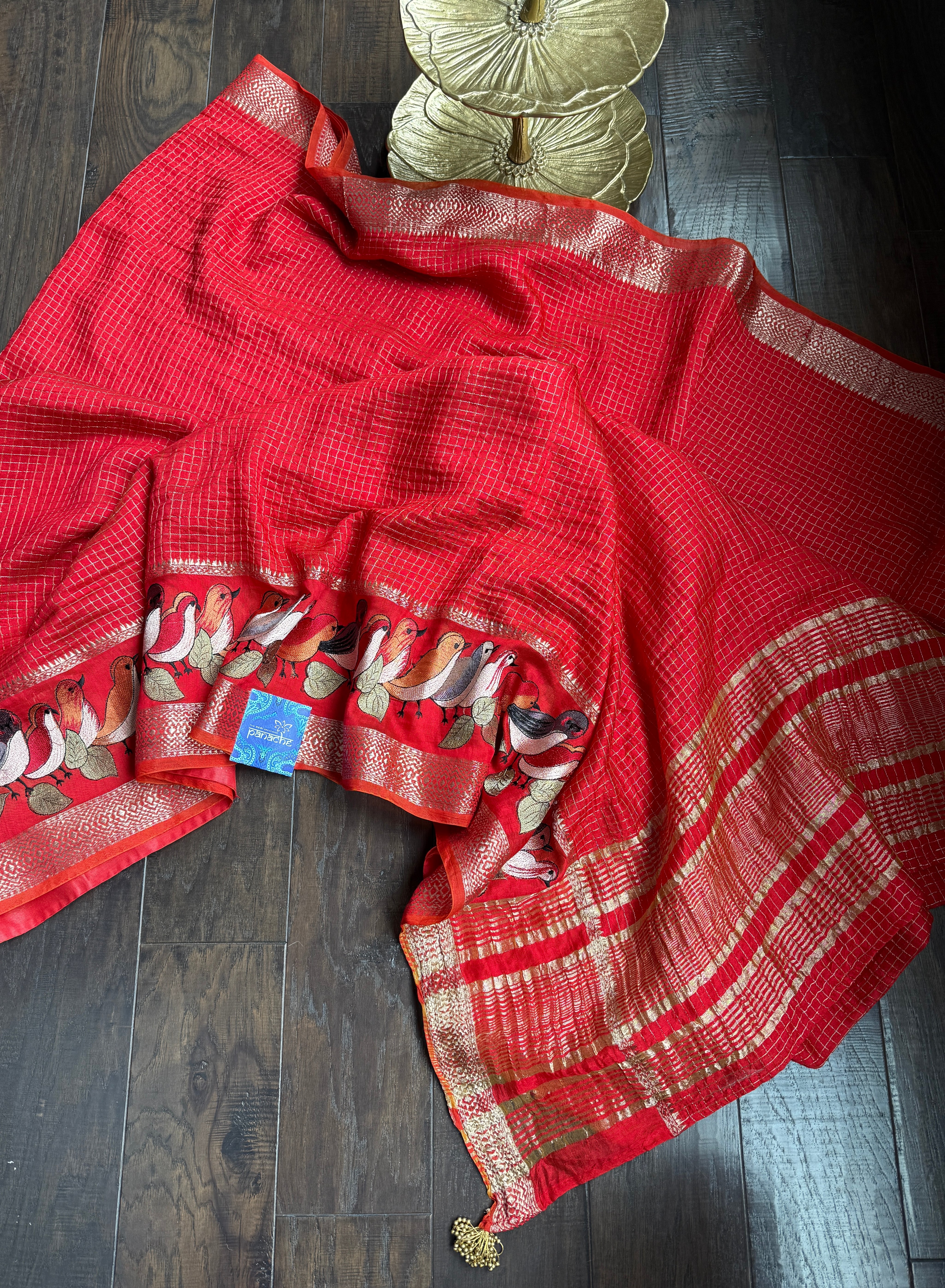 Designer Cotton Silk Banaras Chanderi - Red Bird Embroidered