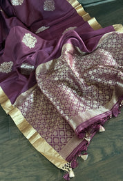 Tussar Tissue Silk Banarasi - Plum Brown Khadhua Antique Zari