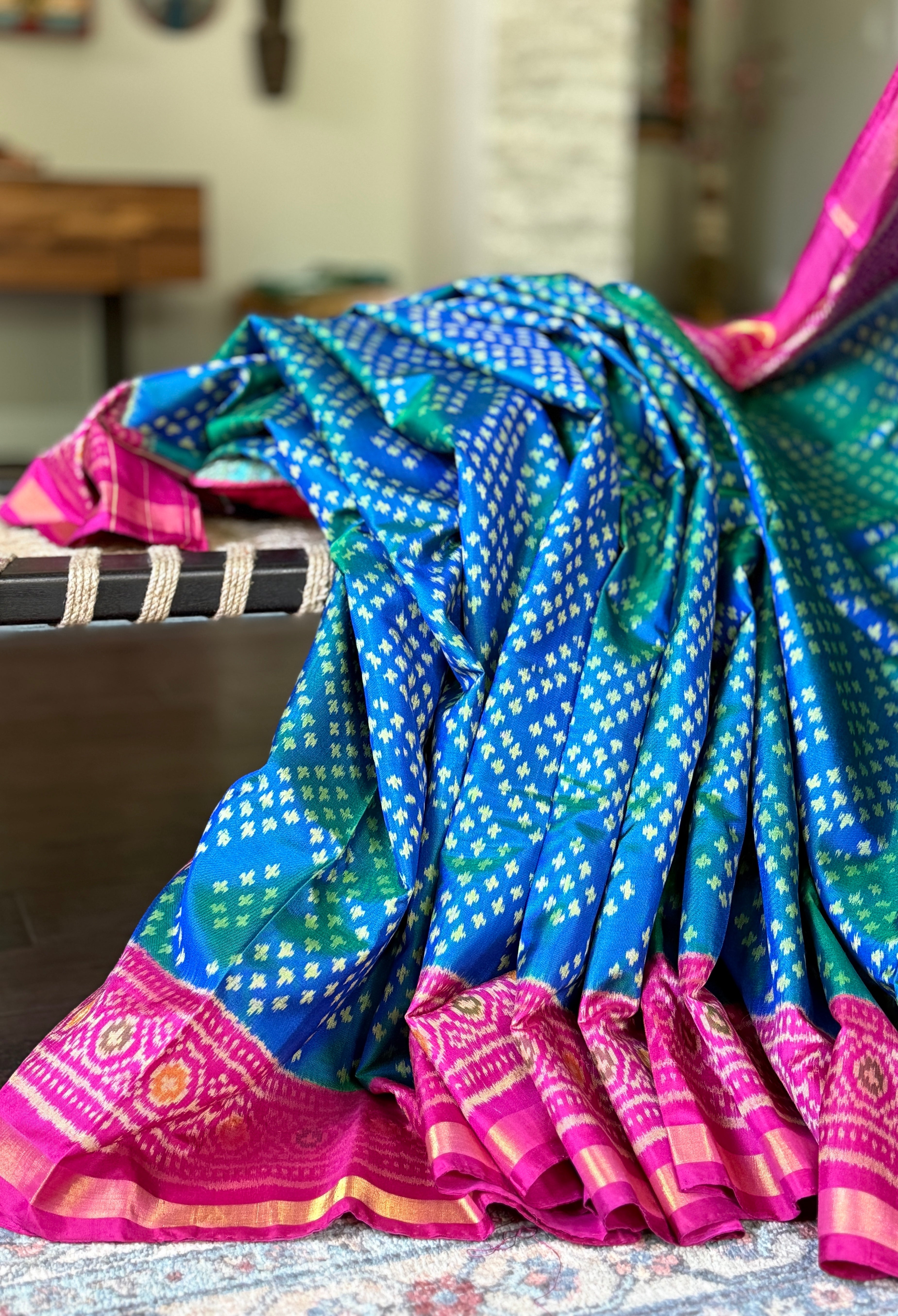 Pure Silk Ikat -  Firozi Sea Green Magenta