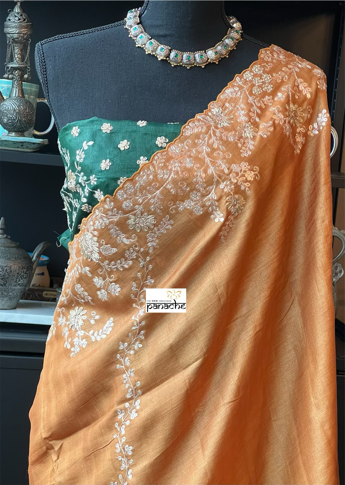 Designer Tussar Silk - Sunrise Orange Green Leheriya Hand Embroidered