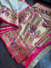 Pure Silk Paithani Single Munia - Cream Red Woven