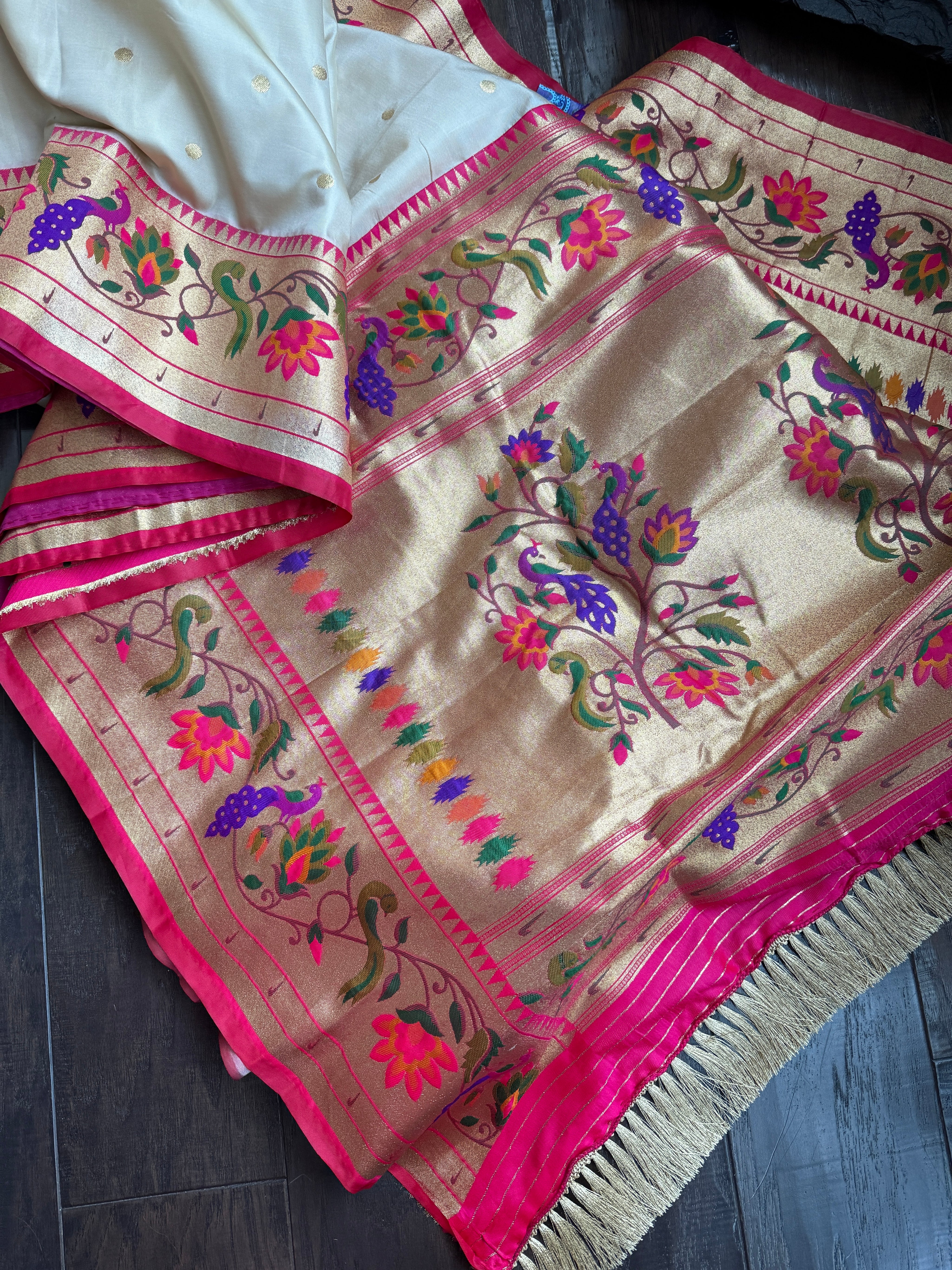 Pure Silk Paithani Single Munia - Cream Red Woven