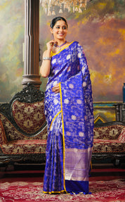 Pure Silk Katan Tissue Jaal Banarasi- Purple Blue Yellow