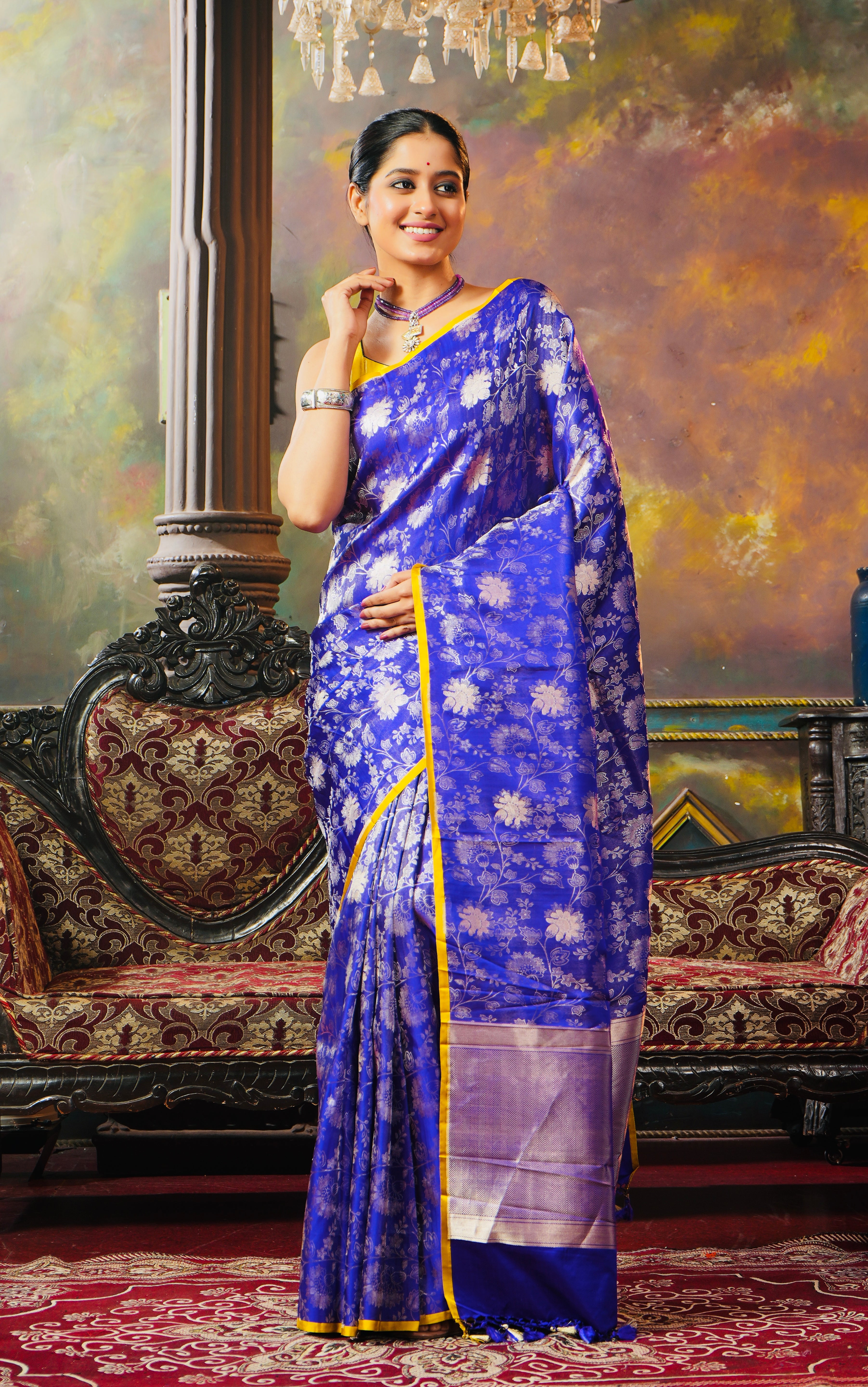 Pure Silk Katan Tissue Jaal Banarasi- Purple Blue Yellow