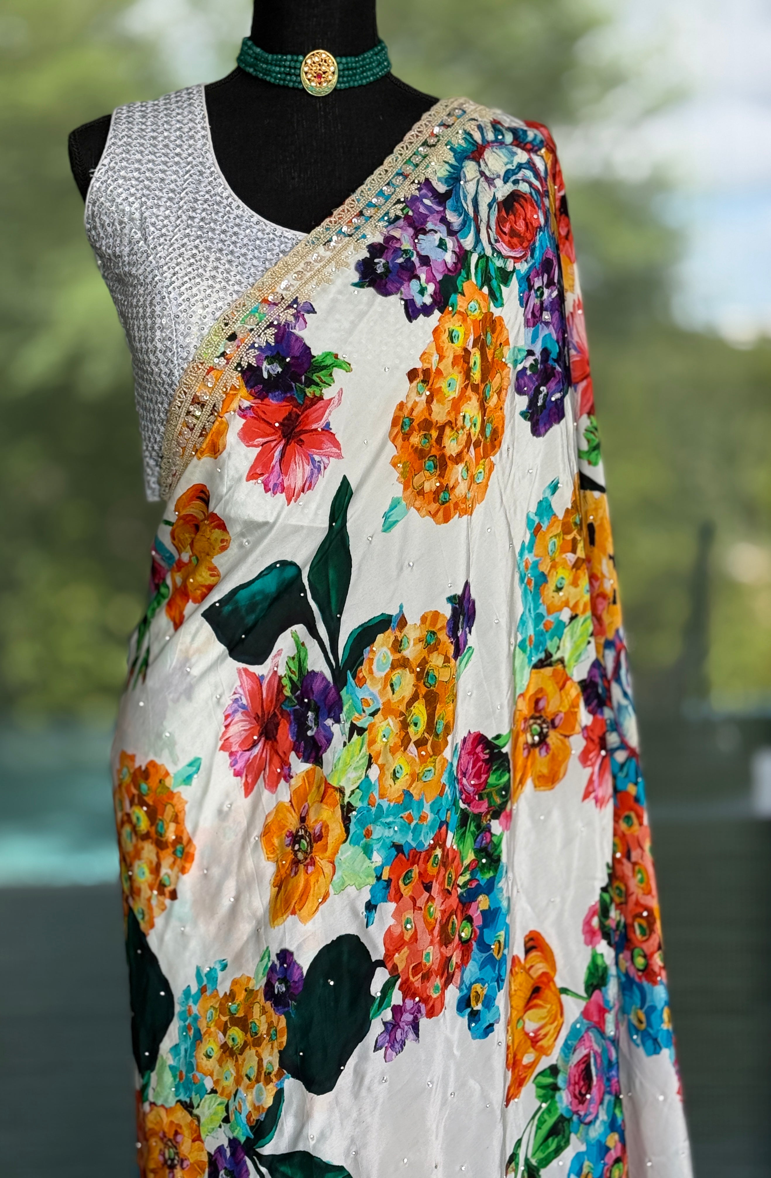 Designer Crepe Satin - White Multi Color
