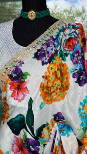 Designer Crepe Satin - White Multi Color