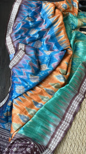 Gopalpur Tussar Silk Ikat - Sea green Plum Orange