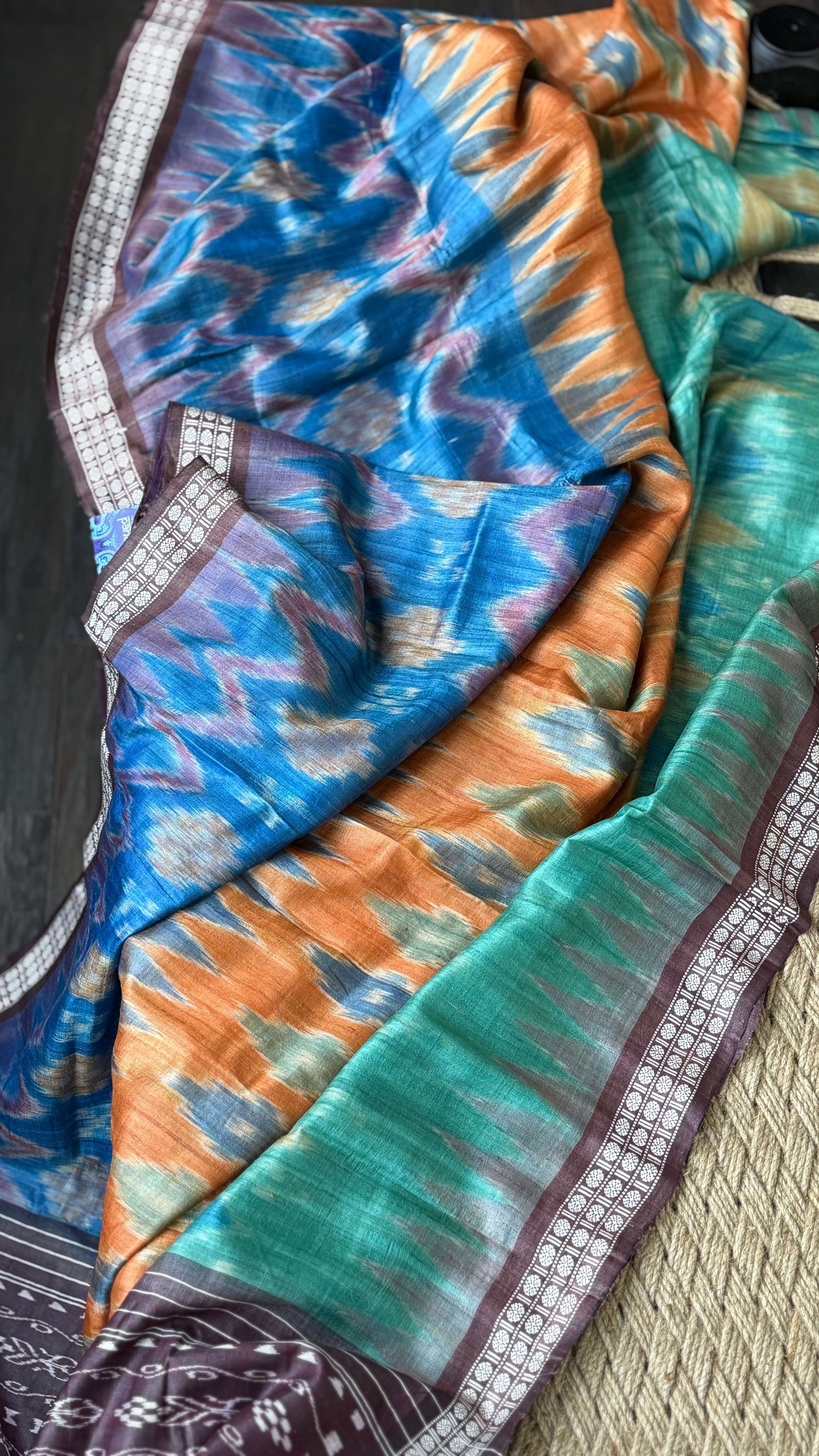 Gopalpur Tussar Silk Ikat - Sea green Plum Orange