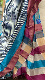 Pure Tussar Silk - Blue Firozi Magenta