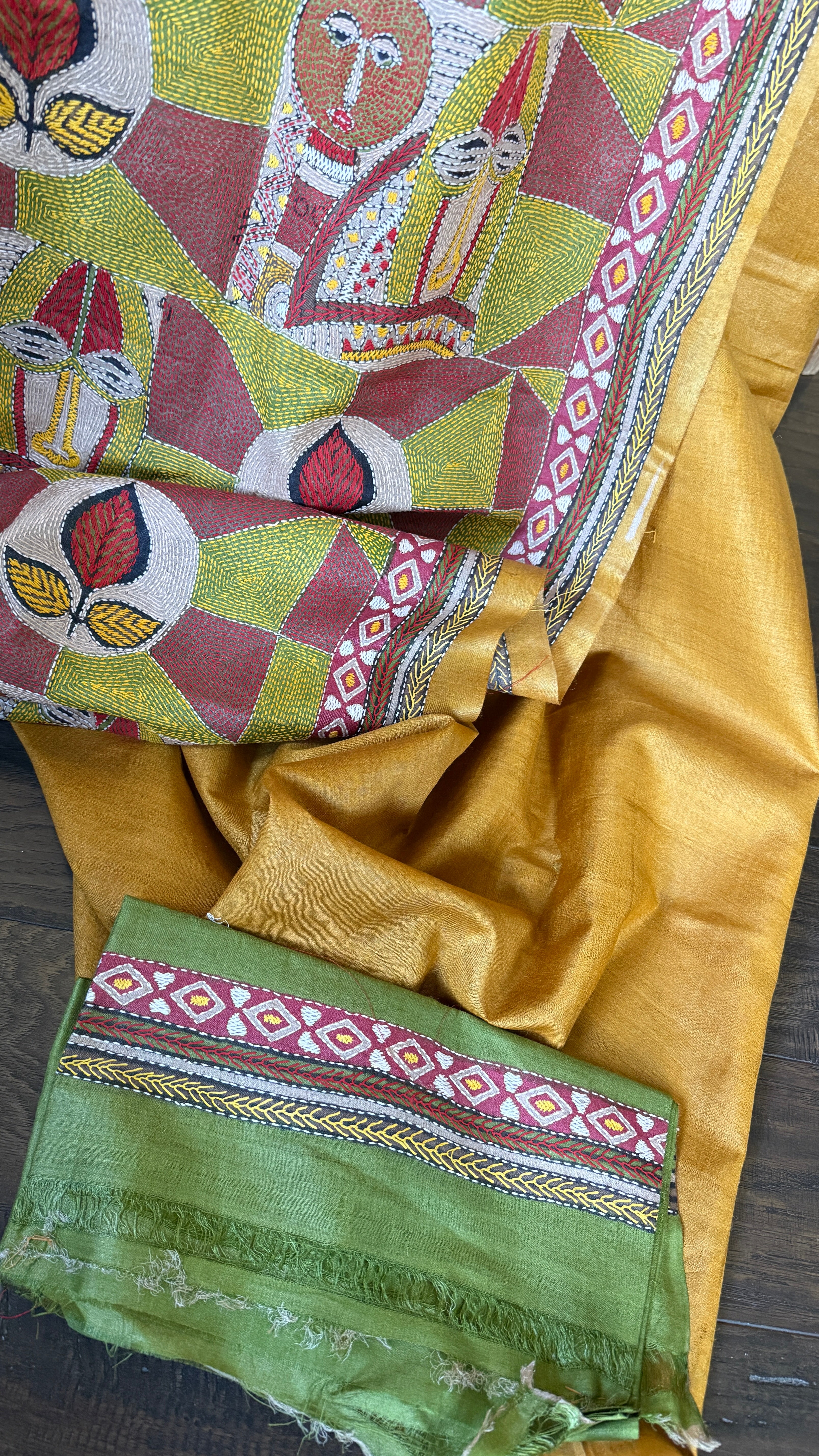 Pure Tussar Silk Kantha Stitch -  Yellow Mask