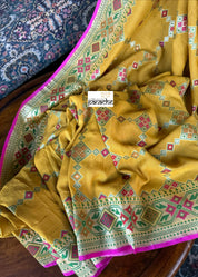 Khaddi Muga Silk Tilfi Banarasi - Yellow Pink Woven