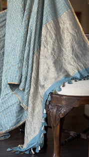 Pure Muga Chiffon Banarasi - Grey Blue Crushed Gold Zari