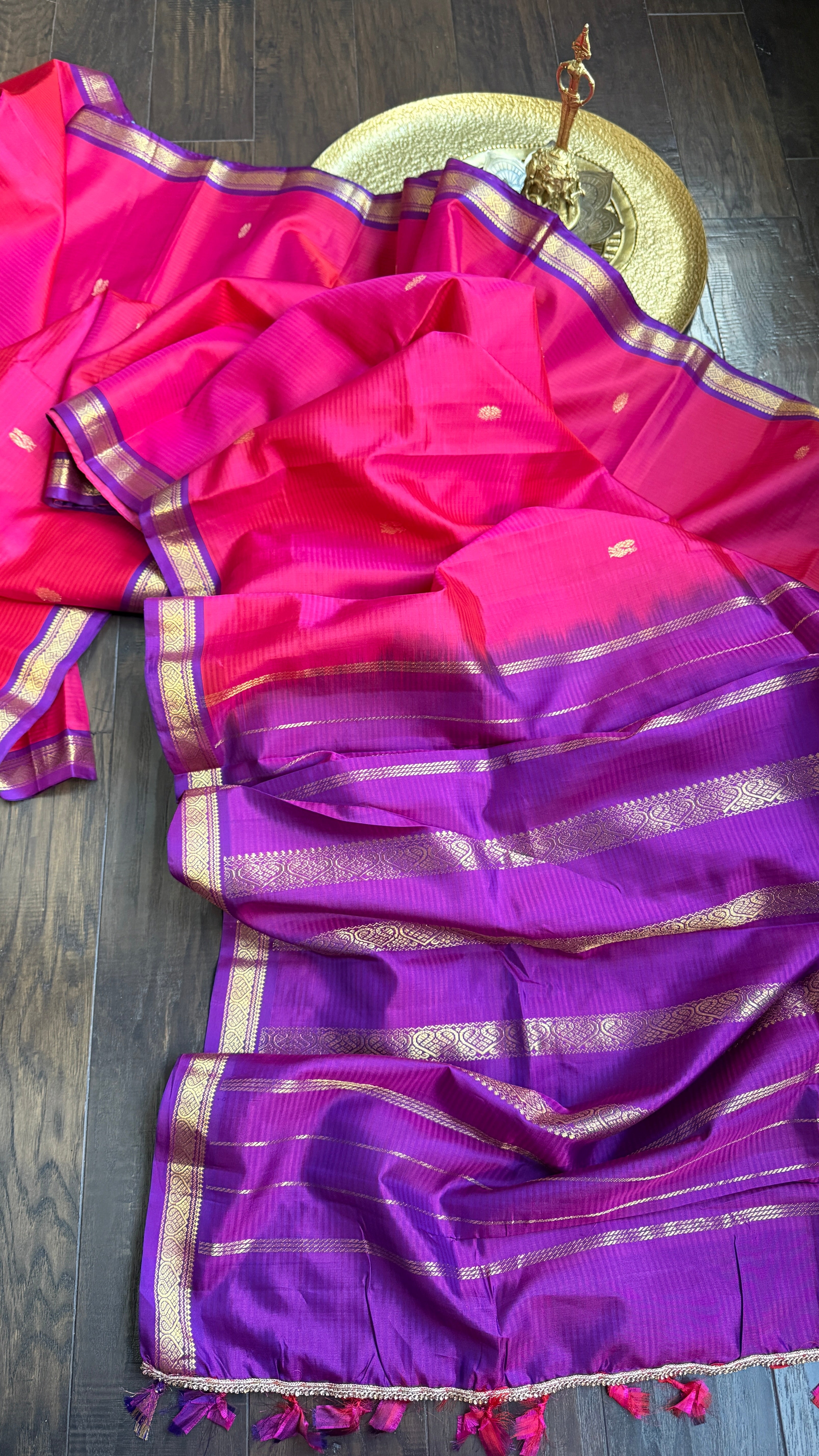 Pure Silk 1gm Zari Kanjivaram - Pink Purple self Stripe