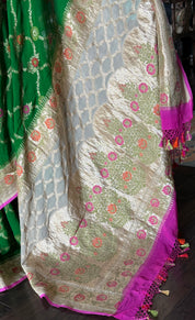Khaddi Georgette Paithani Banarasi - Green Cream Meenakari