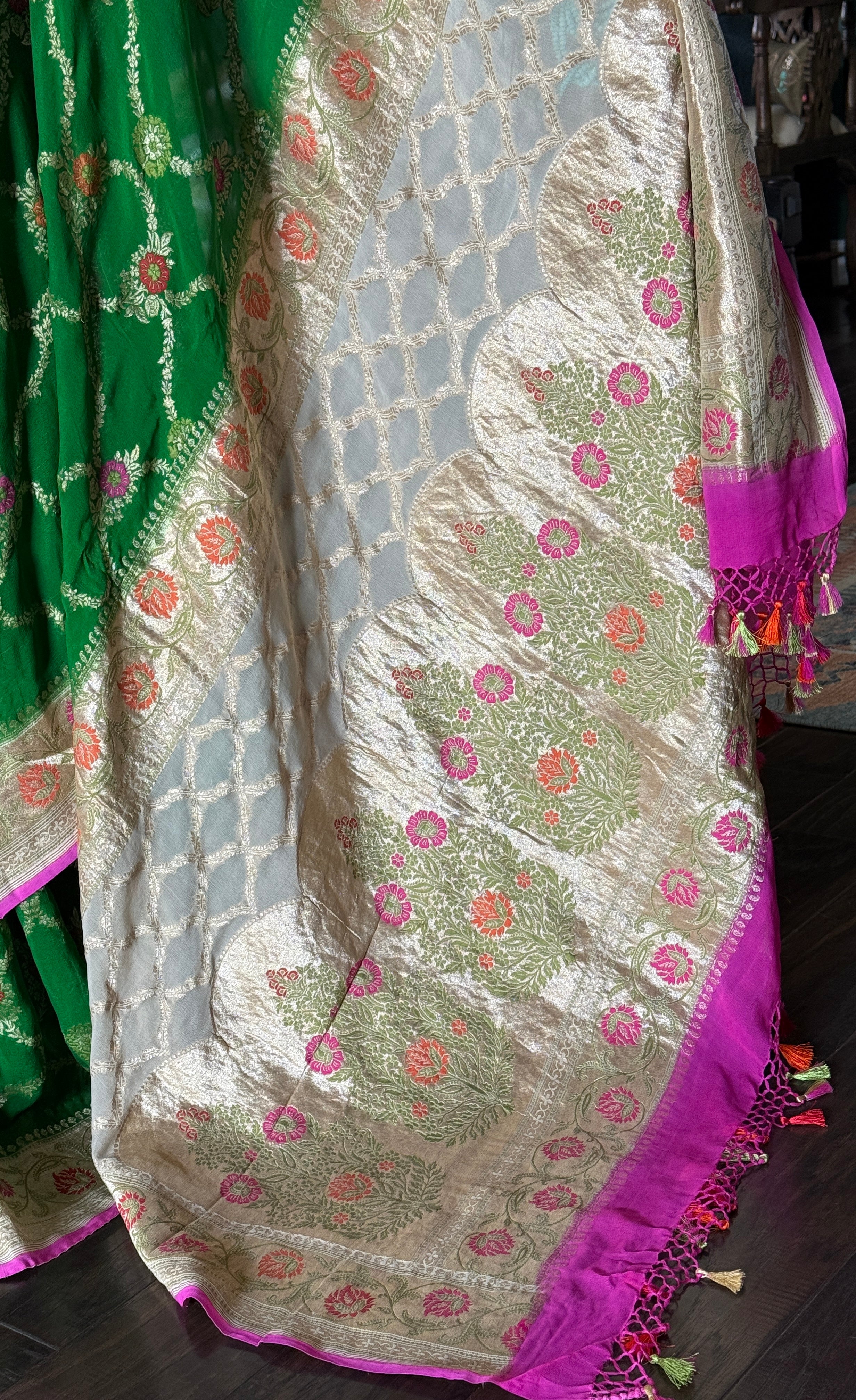 Khaddi Georgette Paithani Banarasi - Green Cream Meenakari