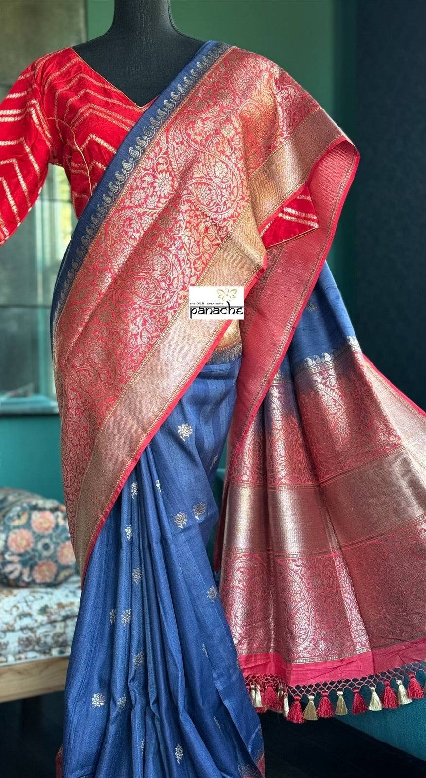 Pure Tassur by Katan Silk Banarasi - Navy Blue Red