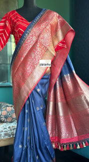 Pure Tassur by Katan Silk Banarasi - Navy Blue Red