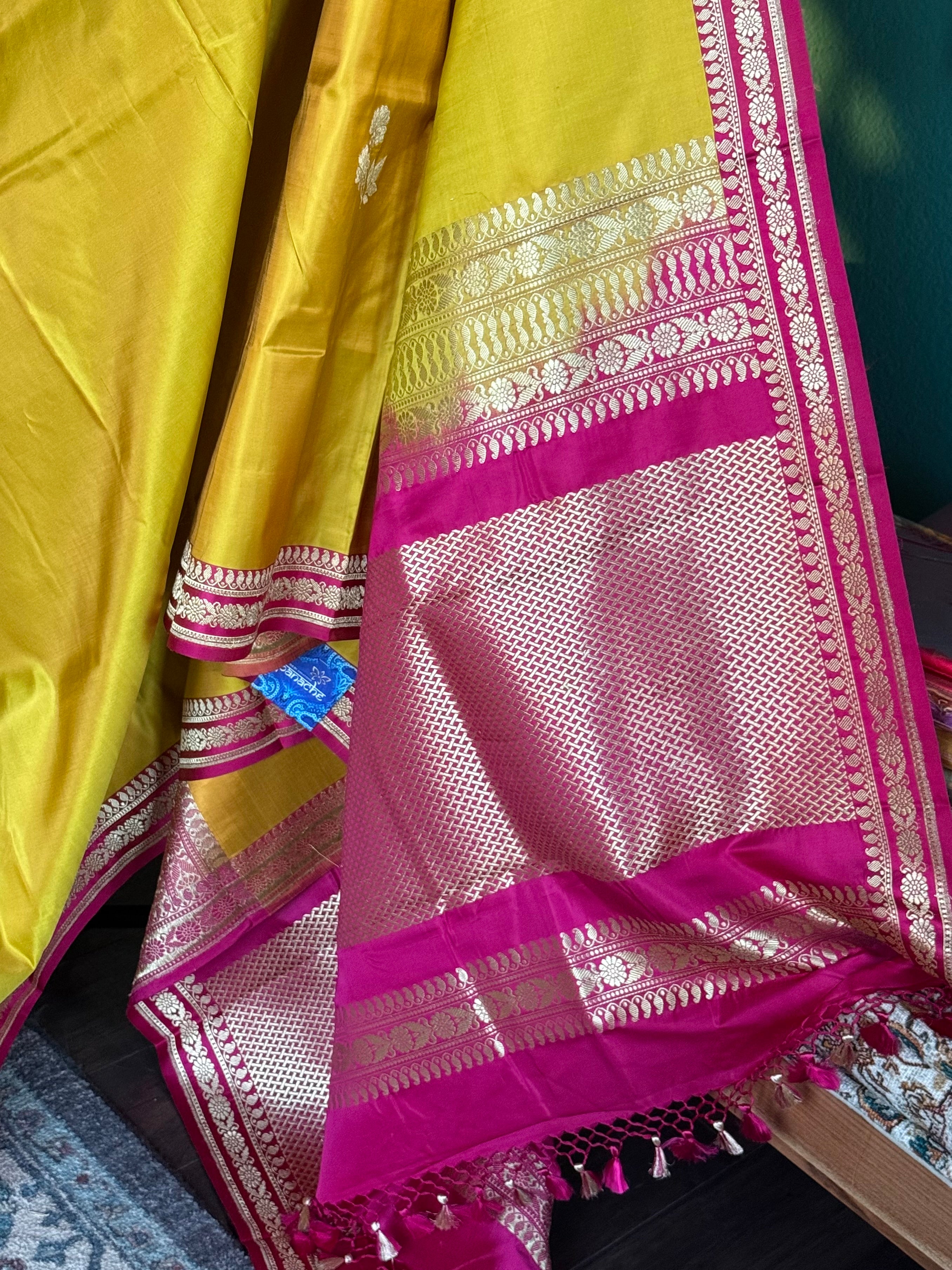 Pure Silk Mashru Banarasi- Yellow Magenta Pink Red