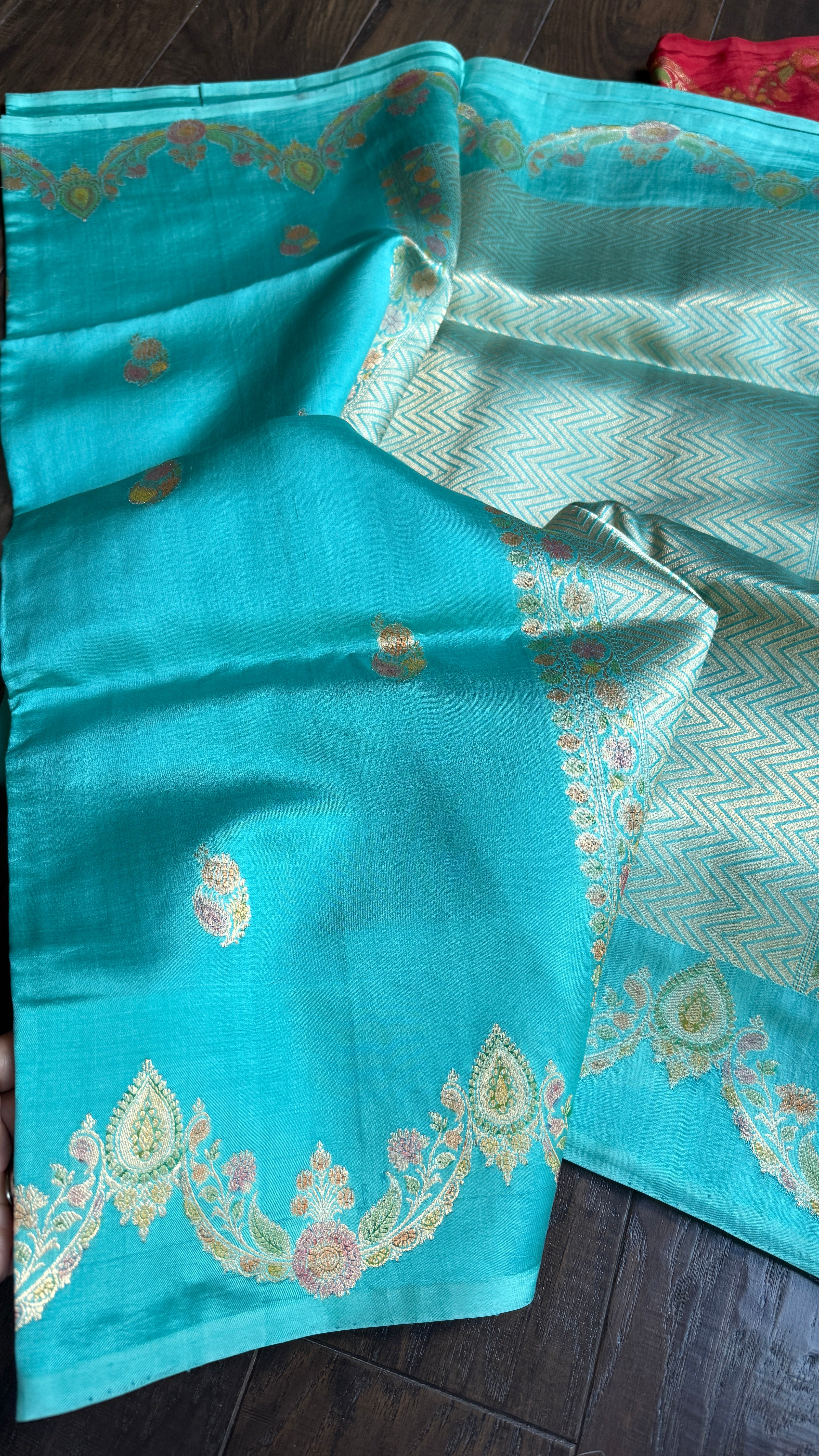 Pure Katan Silk Banarasi - Firozi Blue Meenakari