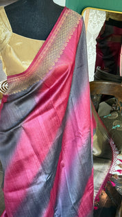 Tussar Silk Banarasi Shaded - Grey Raspberry Pink Antique Golden Zari