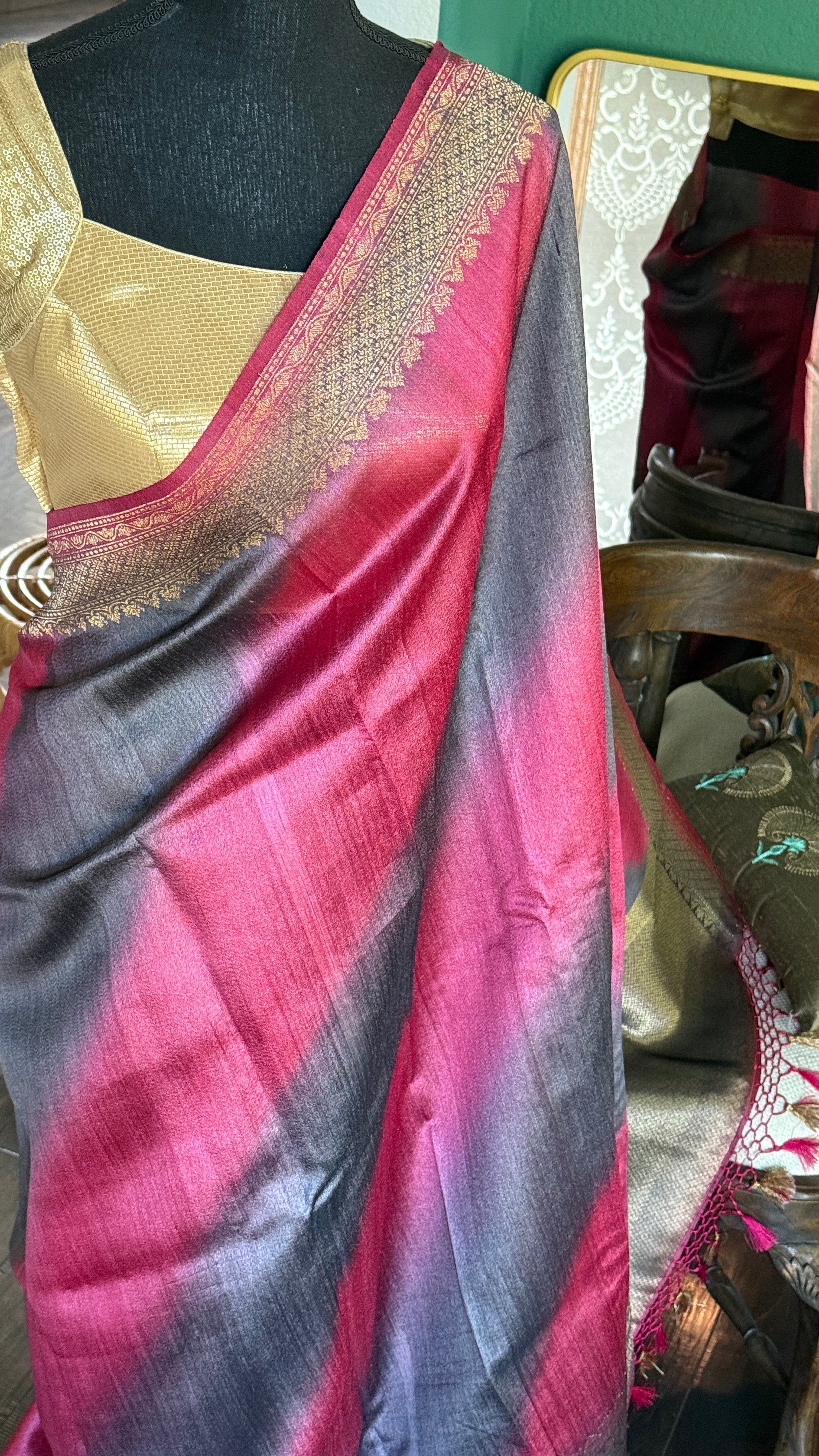 Tussar Silk Banarasi Shaded - Grey Raspberry Pink Antique Golden Zari