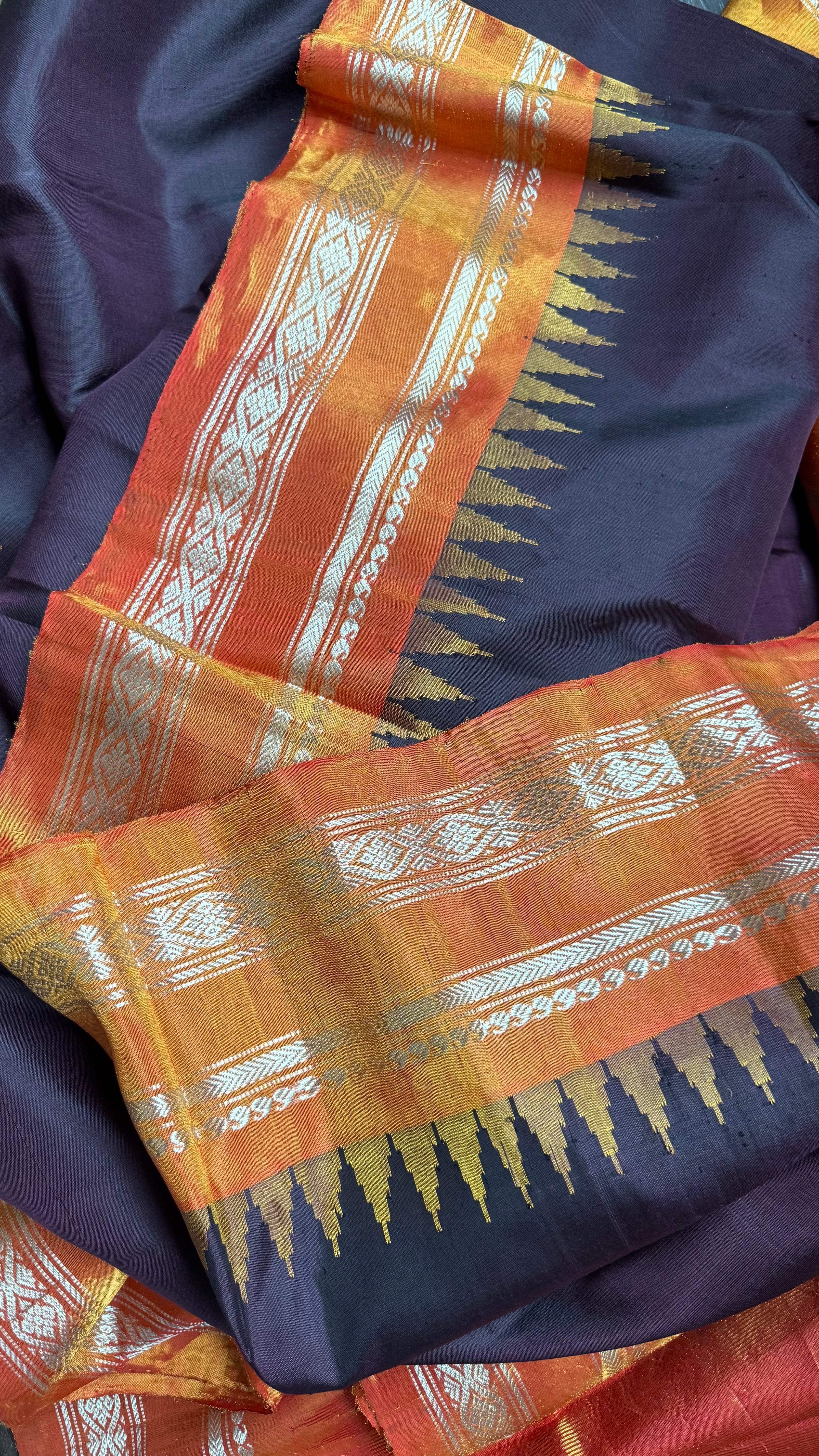 Pure Silk Kuttu Gadwal - Dark Chocolate Brown Orange