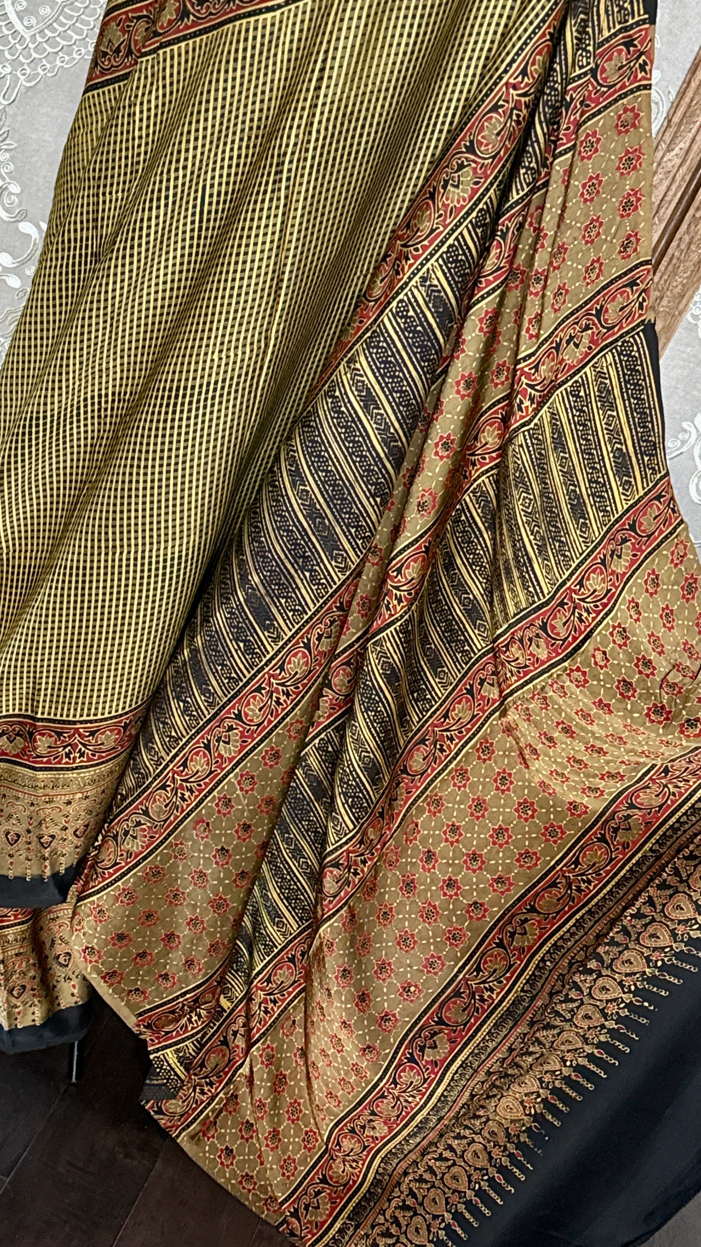 Modal Silk Ajrakh - Greenish Yellow Black Checkered