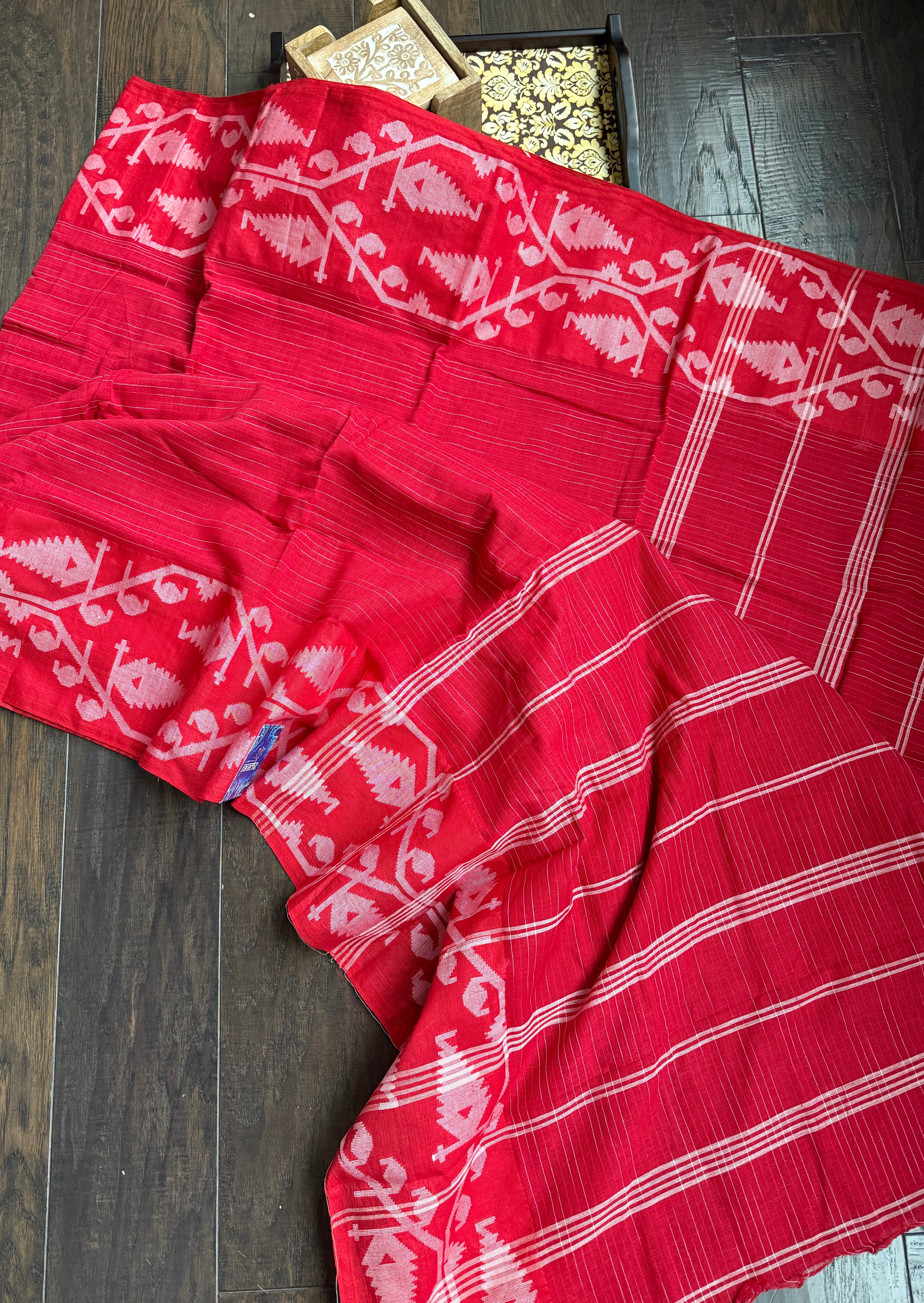 Khadi Cotton Jamdaani Soft - Red White Textured Woven
