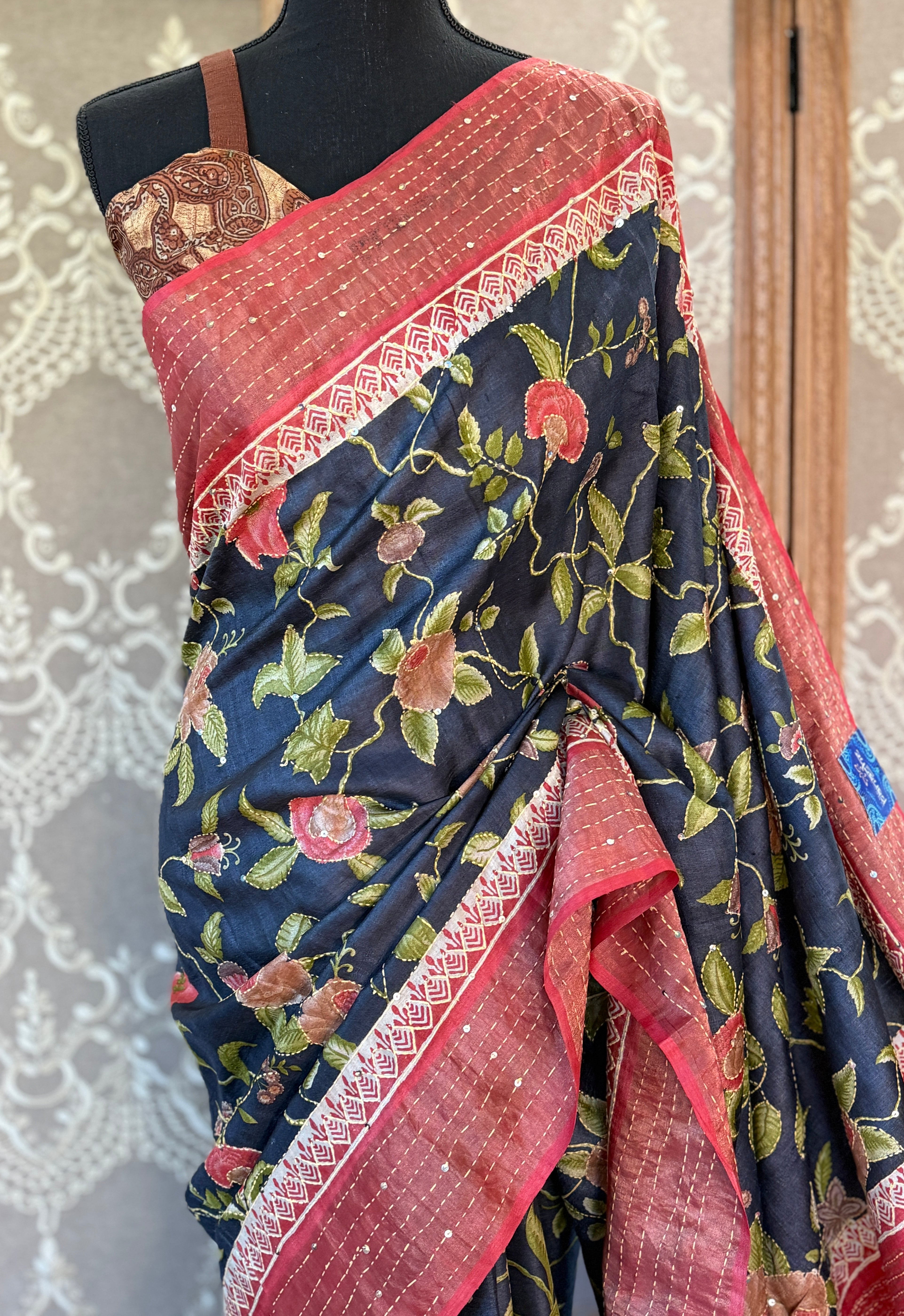 Printed Tussar Silk Kantha Stitch - Black