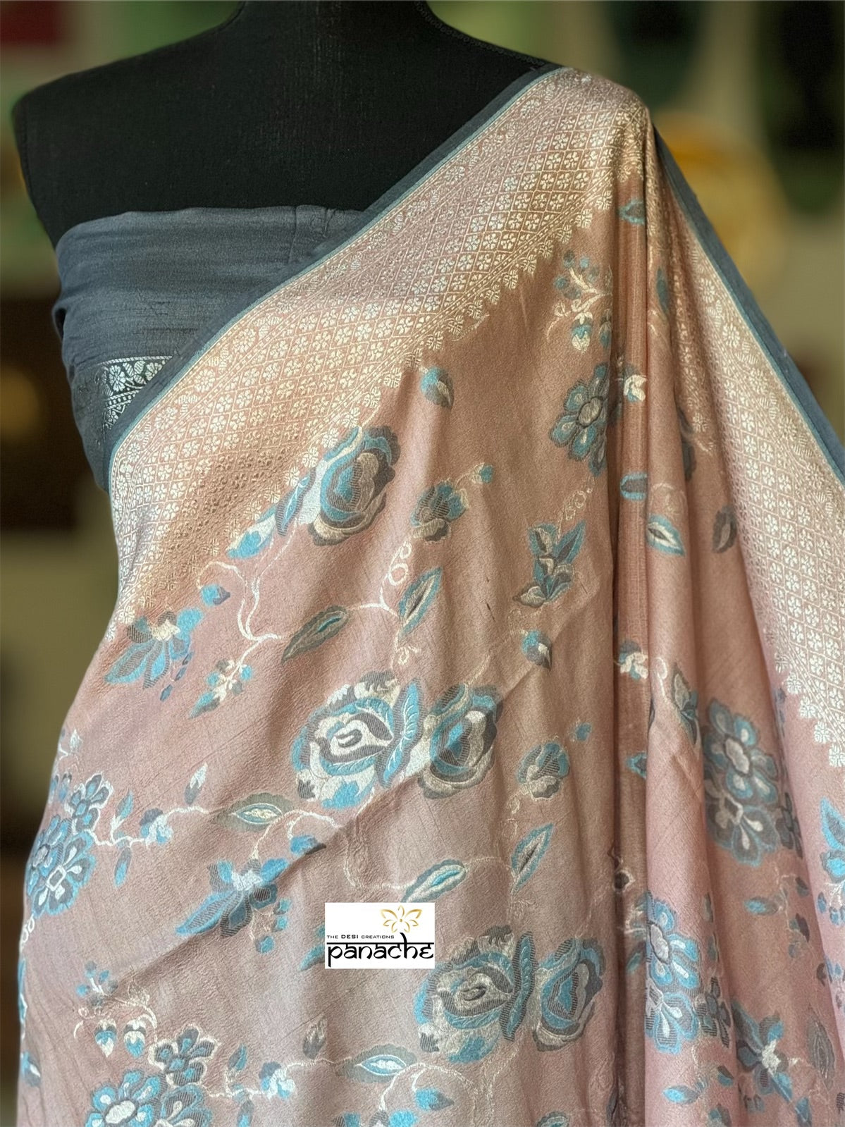 Khaddi Tussar Banarasi -  Peach Pink Grey Tilfi Antique Zari